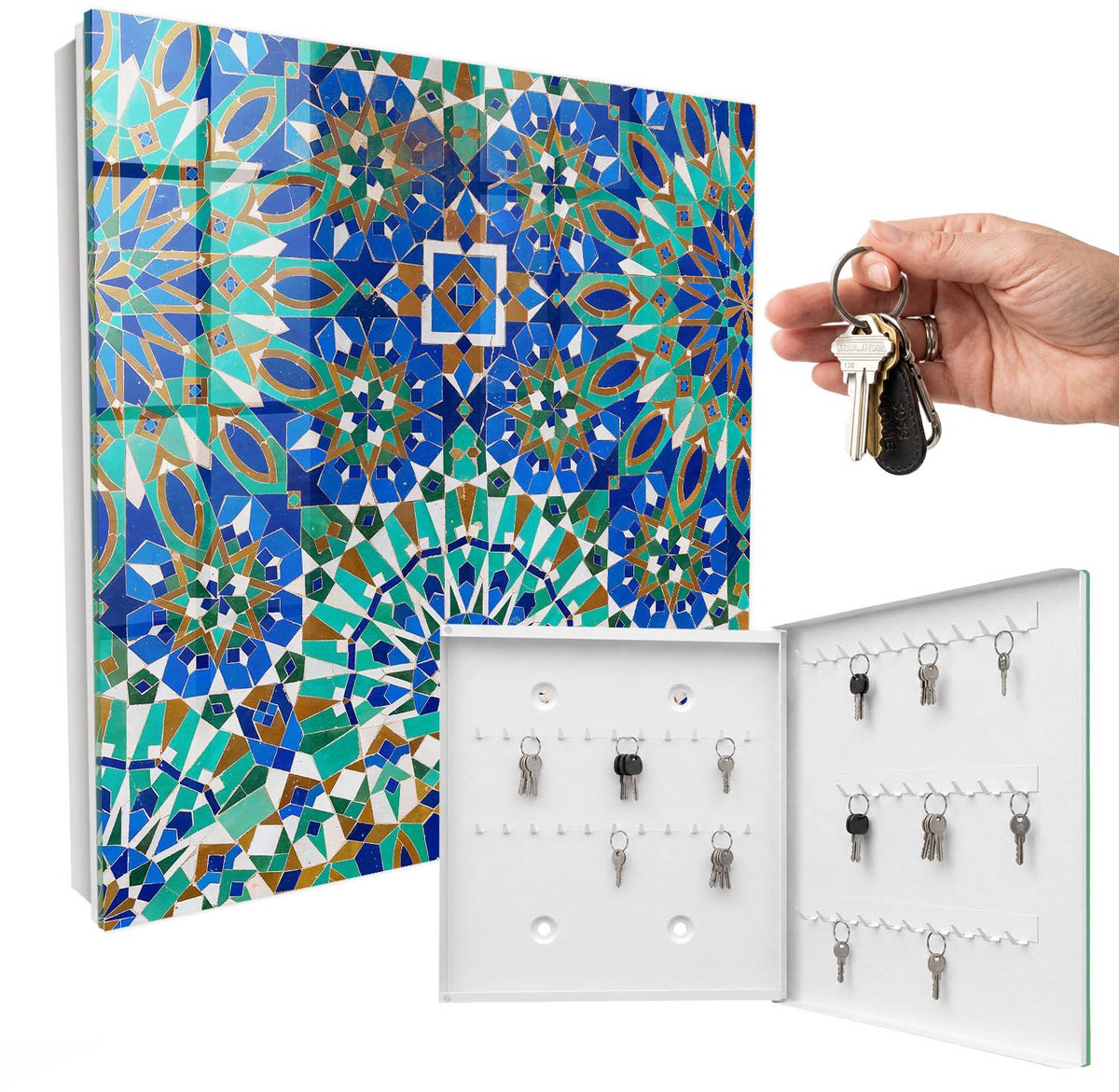 WallMuralia - Sleutelkast - 30x30x5 cm - met 50 haken - Geometrische Mozaïek Sleutelkastje Voor Binnen - Blauw Sleutelbox - Rechtsopenend - Wit interieur