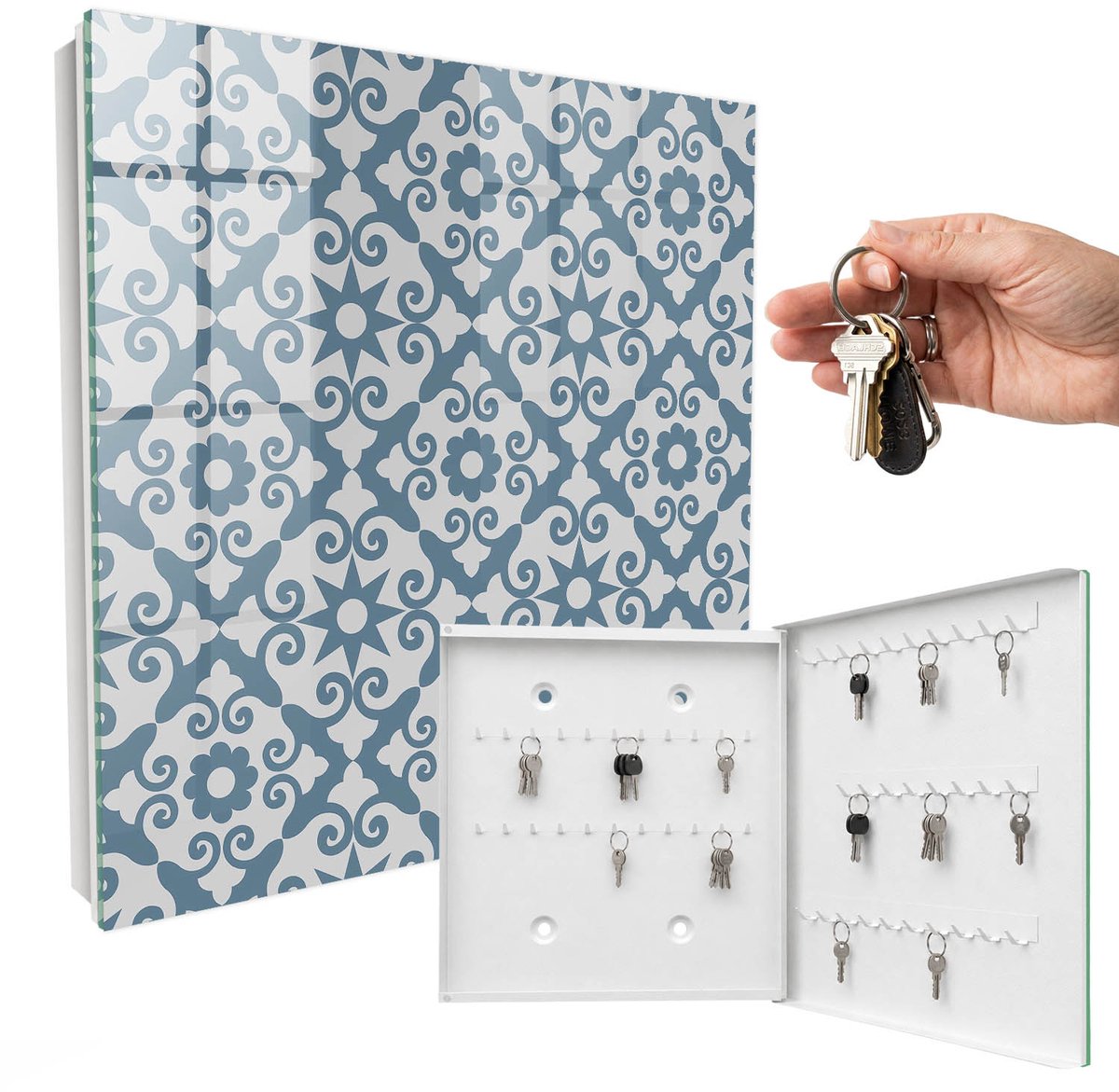 WallMuralia - Sleutelkast - 30x30x5 cm - met 50 haken - Geometrische Elegantie Design Sleutelkastje - Grijs Sleutelbox - Rechtsopenend - Wit interieur