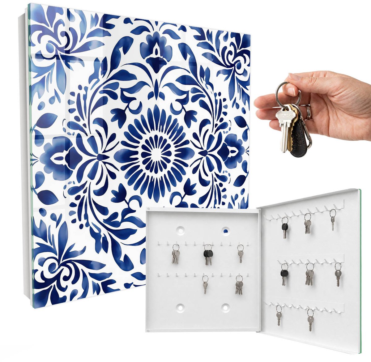 WallMuralia - Sleutelkast - 30x30x5 cm - met 50 haken - Bloemenornament Sleutelkastje Klein - Blauw Sleutelbox - Rechtsopenend - Wit interieur