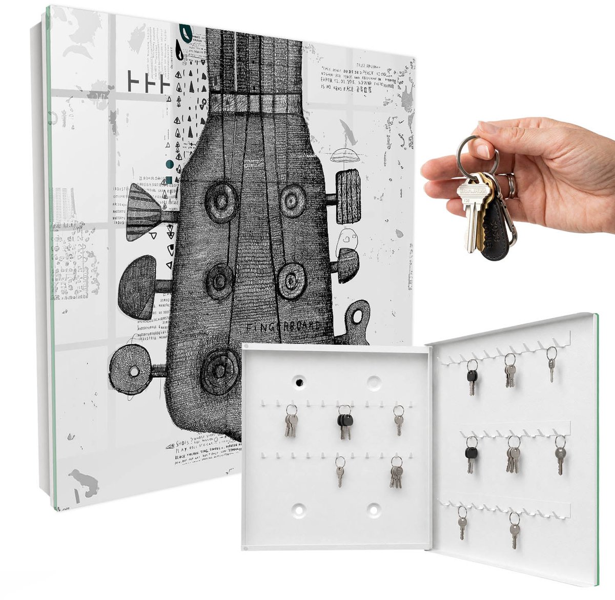WallMuralia - Sleutelkast - 30x30x5 cm - met 50 haken - Gitaarillustratie Sleutelkastje Binnen - Wit Sleutelbox - Rechtsopenend - Wit interieur