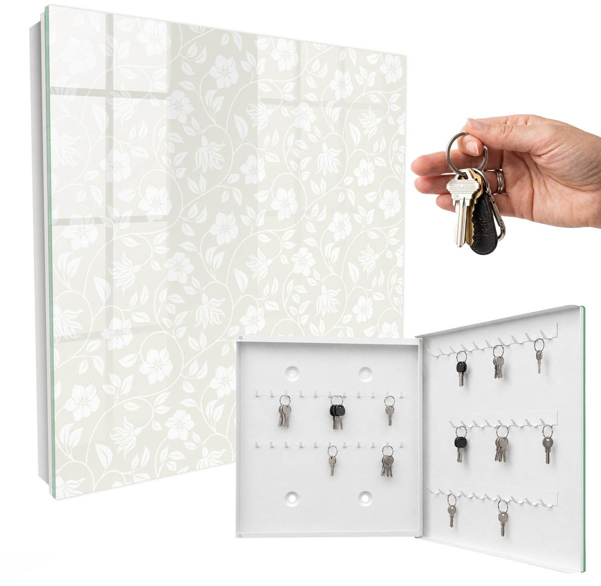 WallMuralia - Sleutelkast - 30x30x5 cm - met 50 haken - Bloemenpatroon Sleutelkastje Klein - Beige Sleutelbox - Rechtsopenend - Wit interieur