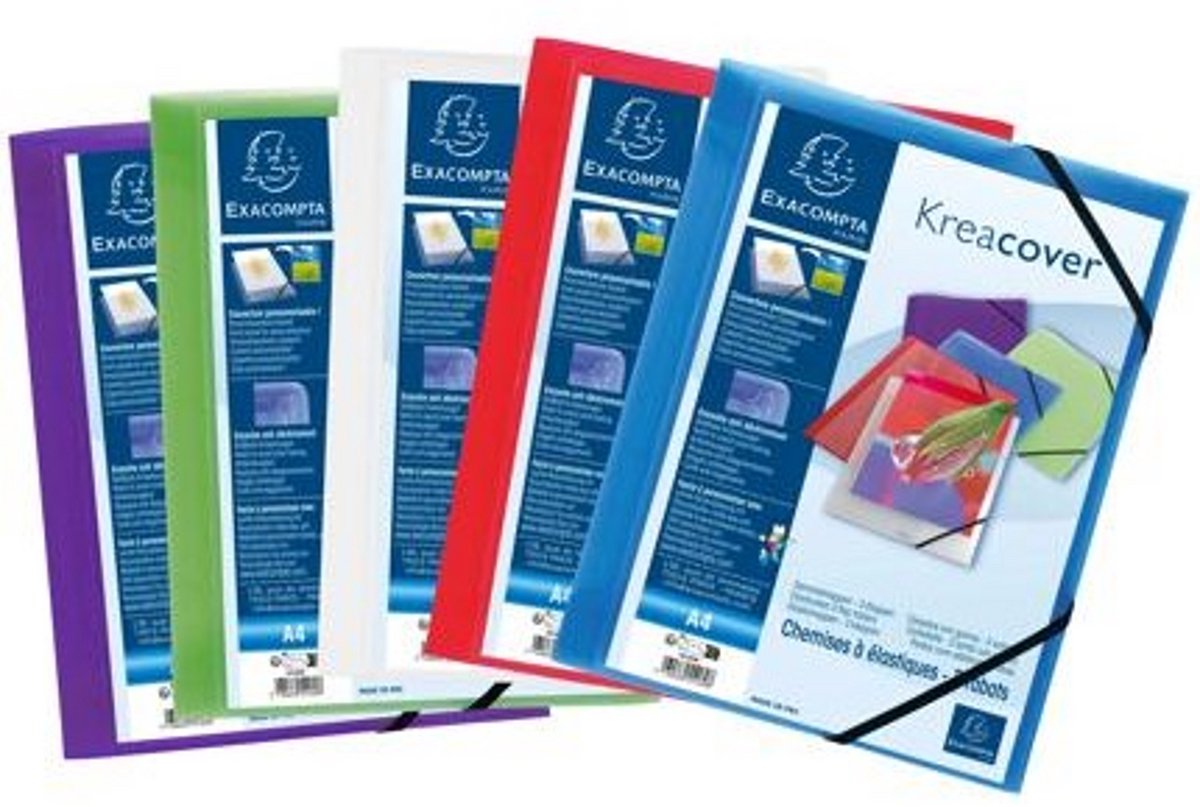 5 x Elastomap Exacompta Kreacover * 3-kleps * A4 * PP kunststof * assorti