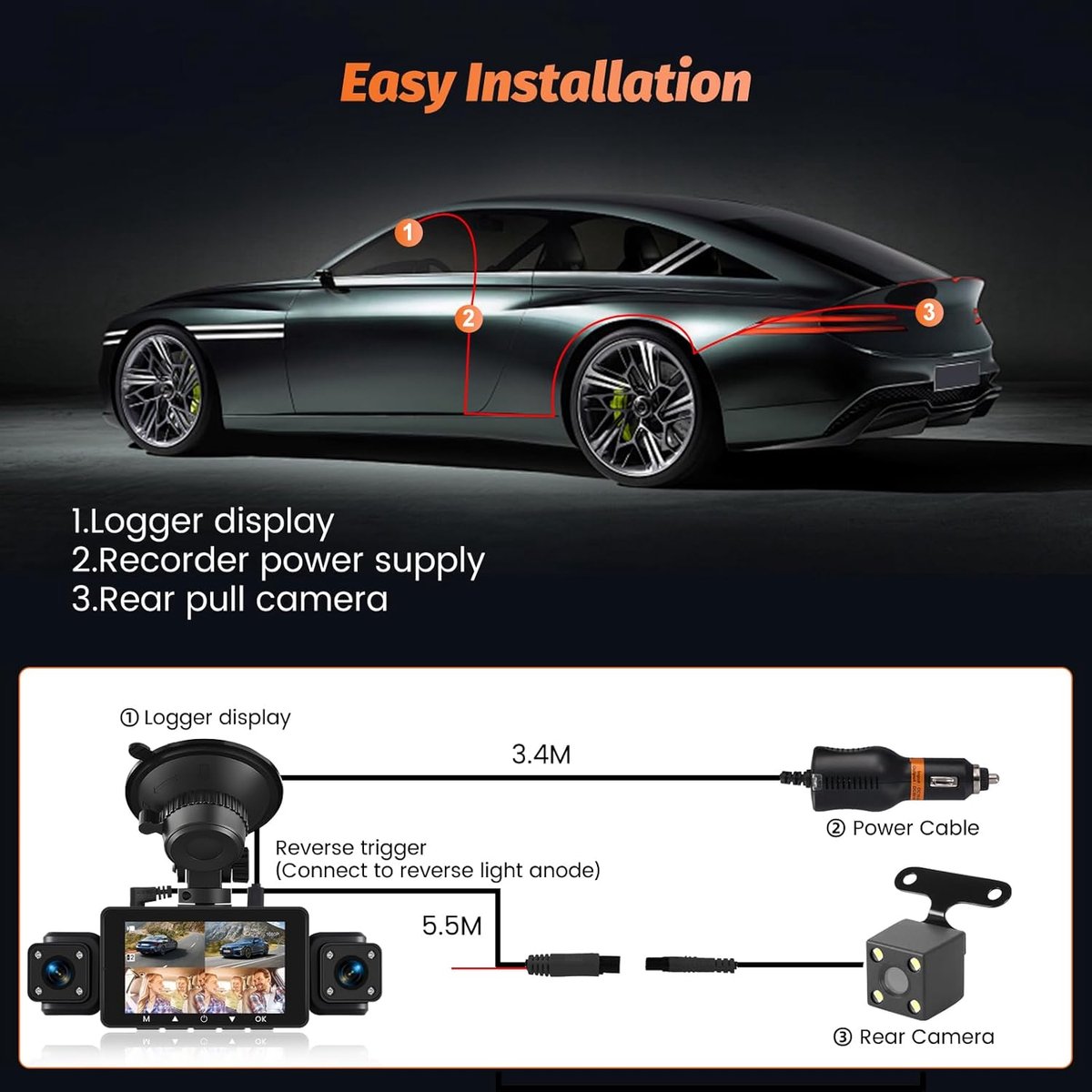 Dashcam Auto - Auto Camera - Veilig Rijden - 4K+1080P Resolutie - 3 inch Scherm - Zwart thumbnail 5