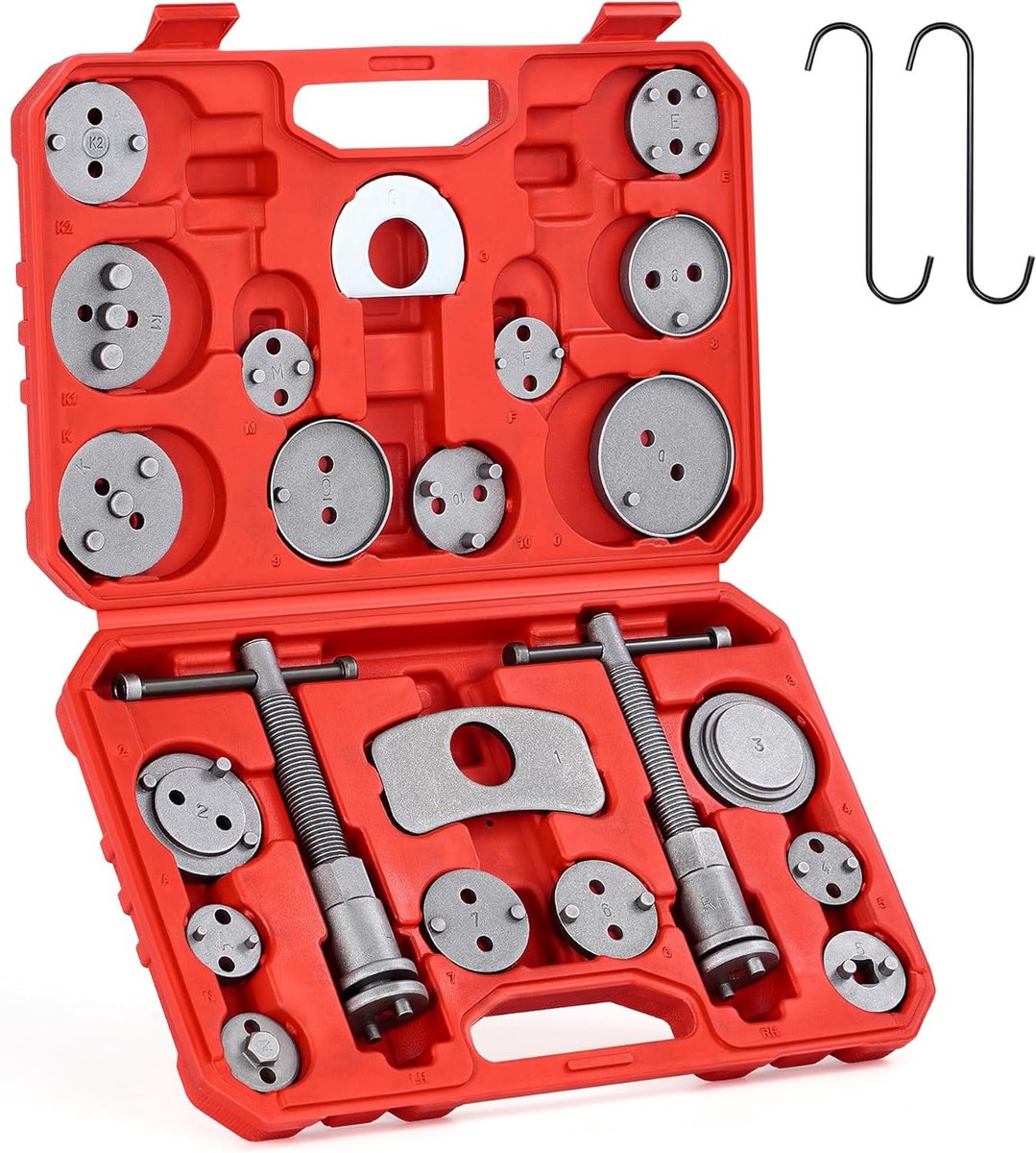 Motor Tech Remzuigerterugstel, 24-delige remklauw compressie gereedschapsset met drukschroef assemblages borgplaten remklauw hangers 18 schijf adapters, auto gereedschap set met koffer (Rood)