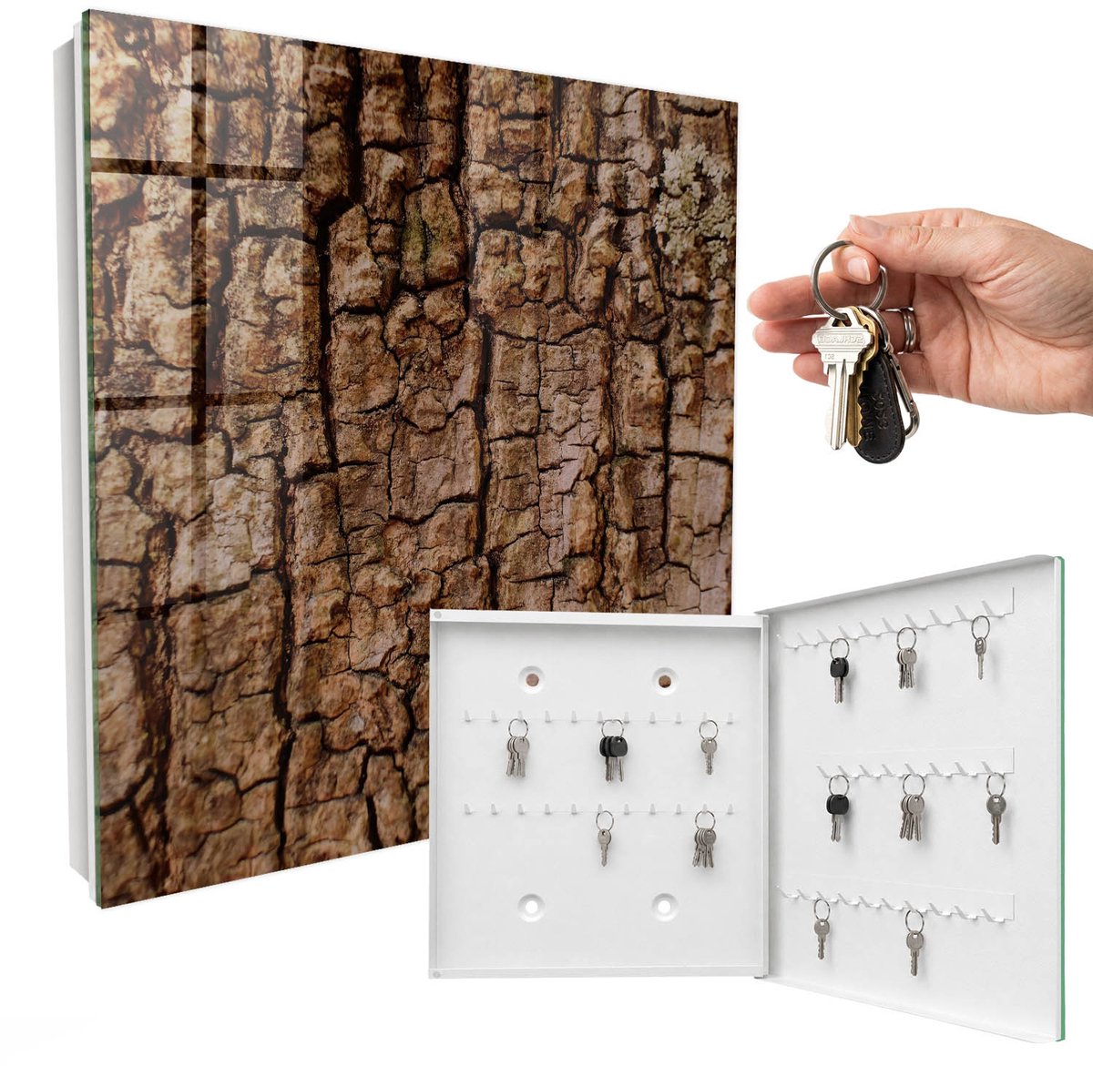 WallMuralia - Sleutelkast - 30x30x5 cm - met 50 haken - Boomschors Sleutelkastje Gang - Bruin Sleutelbox - Rechtsopenend - Wit interieur