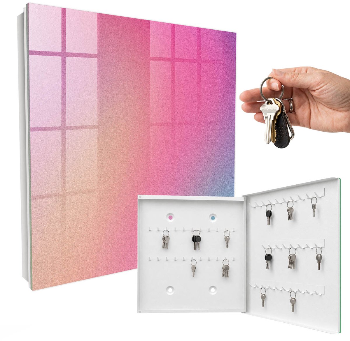 WallMuralia - Sleutelkast - 30x30x5 cm - met 50 haken - Pastelkleurige Overgang Sleutelkastje Design - Roze Sleutelbox - Rechtsopenend - Wit interieur