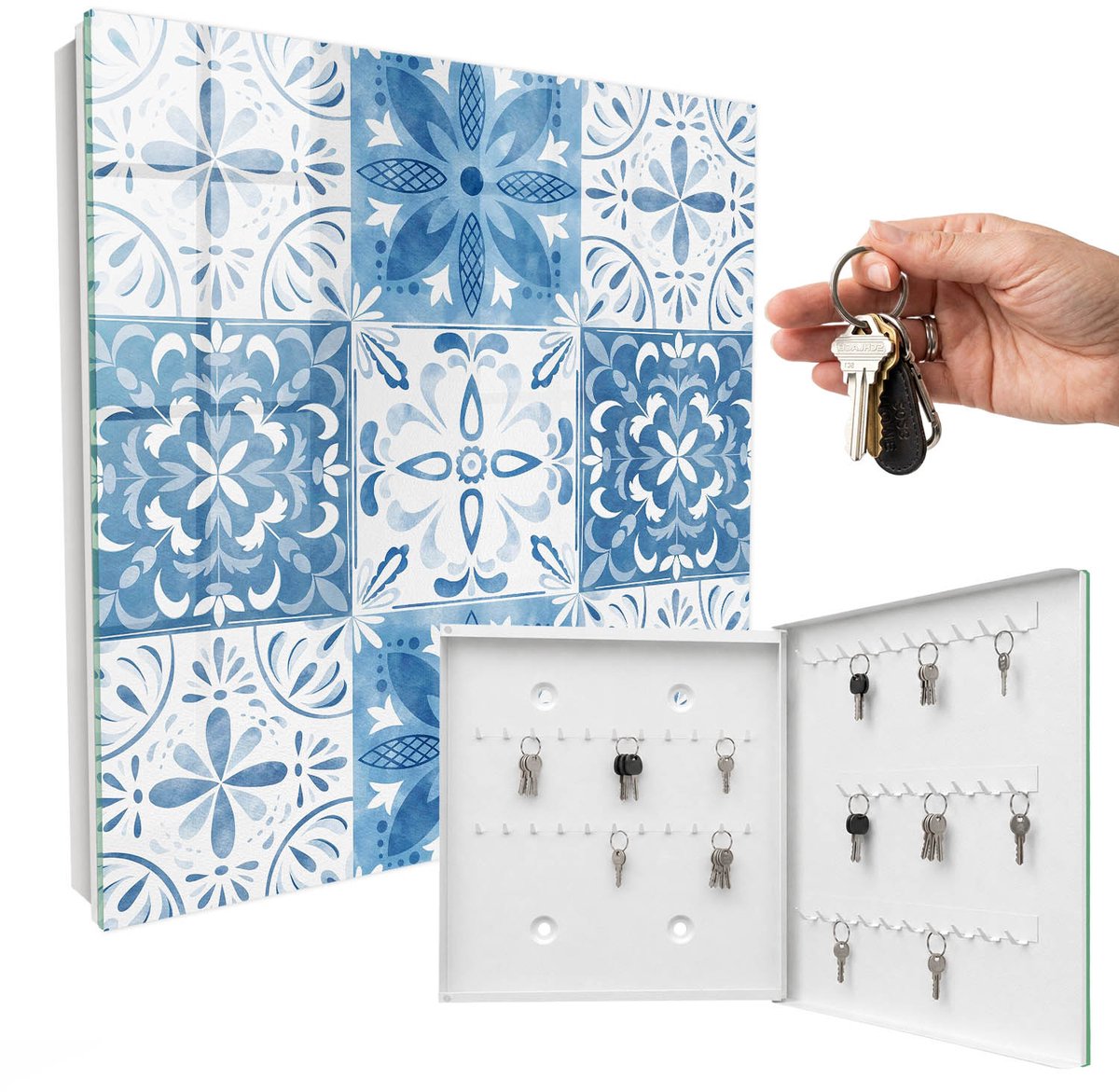 WallMuralia - Sleutelkast - 30x30x5 cm - met 50 haken - Geometrische Tegels Groot Sleutelkastje - Blauw Sleutelbox - Rechtsopenend - Wit interieur