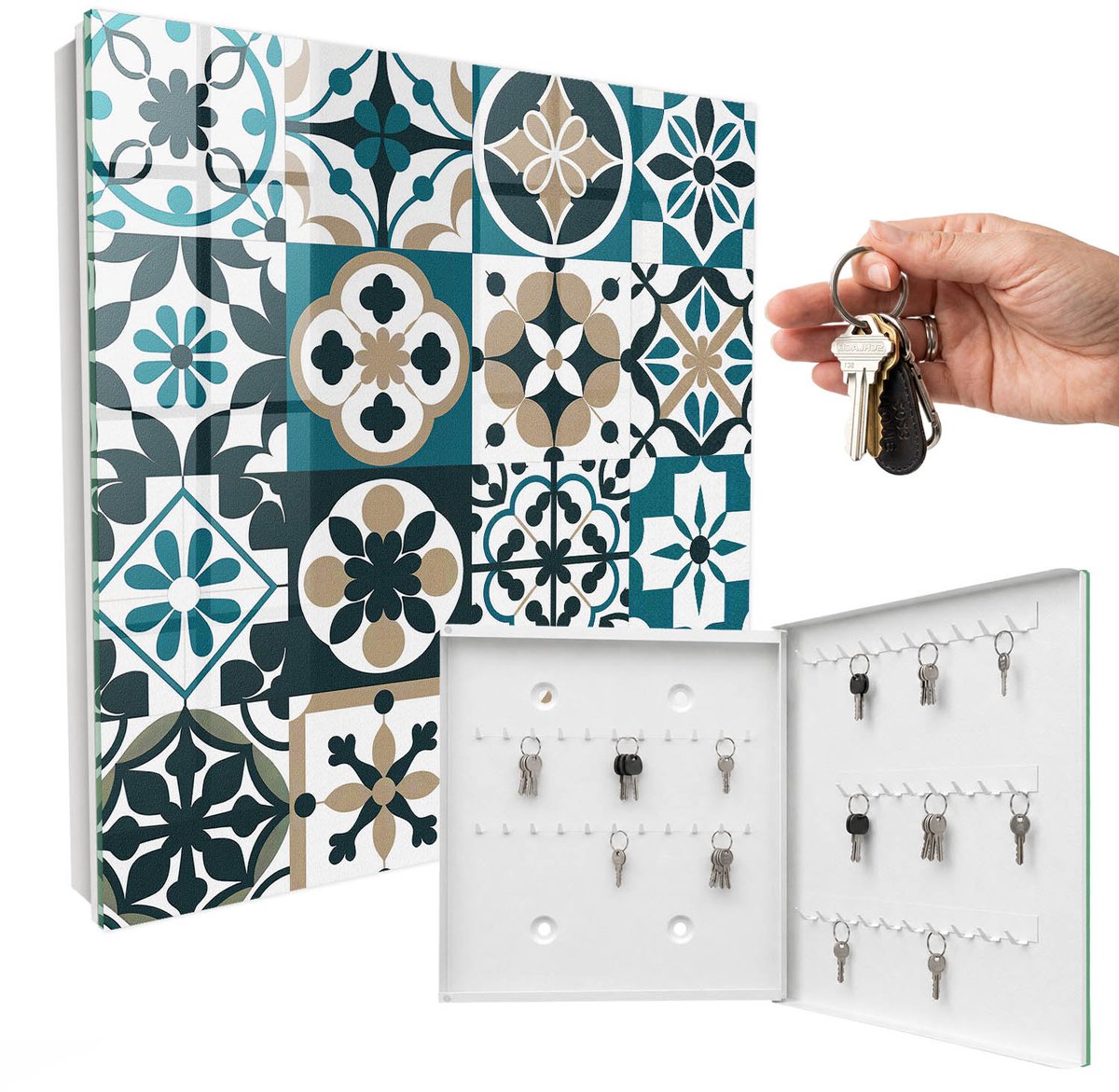 WallMuralia - Sleutelkast - 30x30x5 cm - met 50 haken - Marokkaanse Tegels Sleutelkastje Muur - Turkoois Sleutelbox - Rechtsopenend - Wit interieur