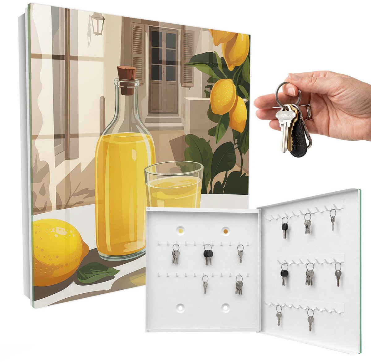 WallMuralia - Sleutelkast - 30x30x5 cm - met 50 haken - Citroenfeest Groot Sleutelkastje - Geel Sleutelbox - Rechtsopenend - Wit interieur