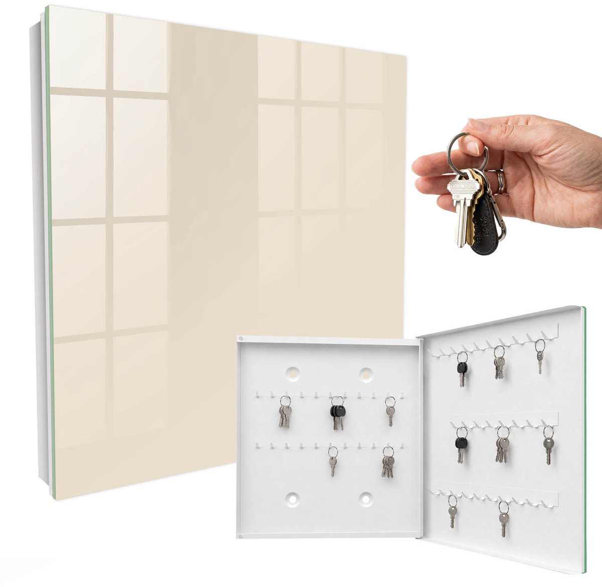 WallMuralia - Sleutelkast - 30x30x5 cm - met 50 haken - Romig Sleutelkastje Muur - Romig Sleutelbox - Rechtsopenend - Wit interieur