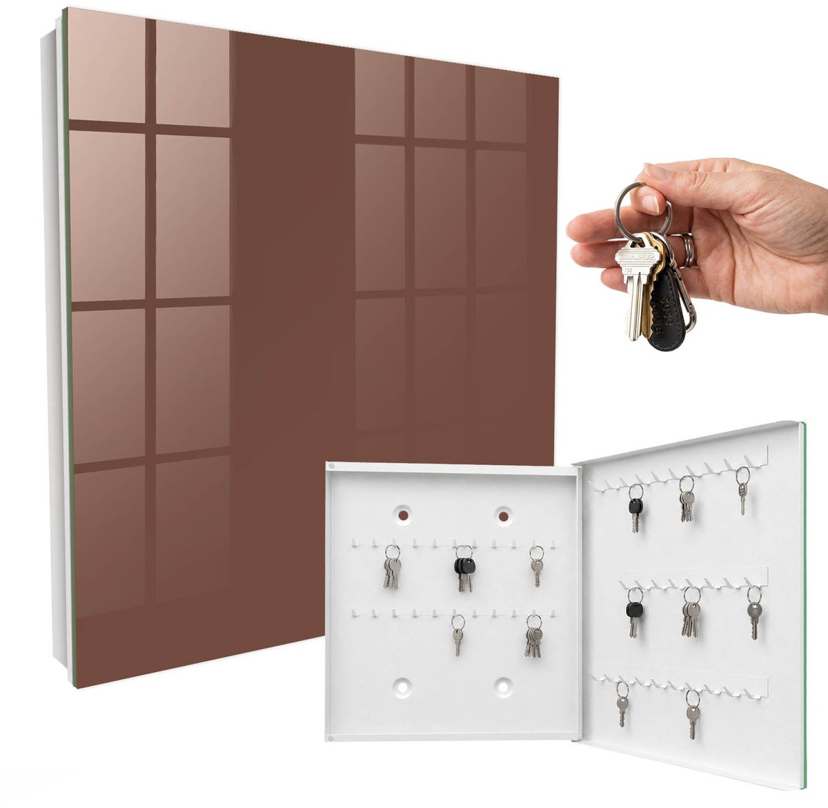 WallMuralia - Sleutelkast - 30x30x5 cm - met 50 haken - Bruine Kleur Leuk Sleutelkastje - Bruin Sleutelbox - Rechtsopenend - Wit interieur