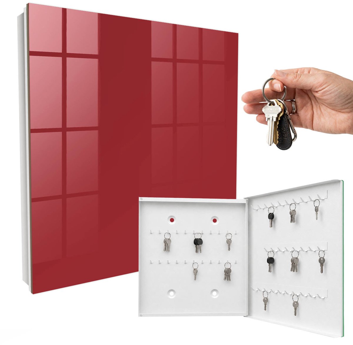 WallMuralia - Sleutelkast - 30x30x5 cm - met 50 haken - Bordeauxrode Kleur Sleutelkastje Gang - Bourgogne Sleutelbox - Rechtsopenend - Wit interieur