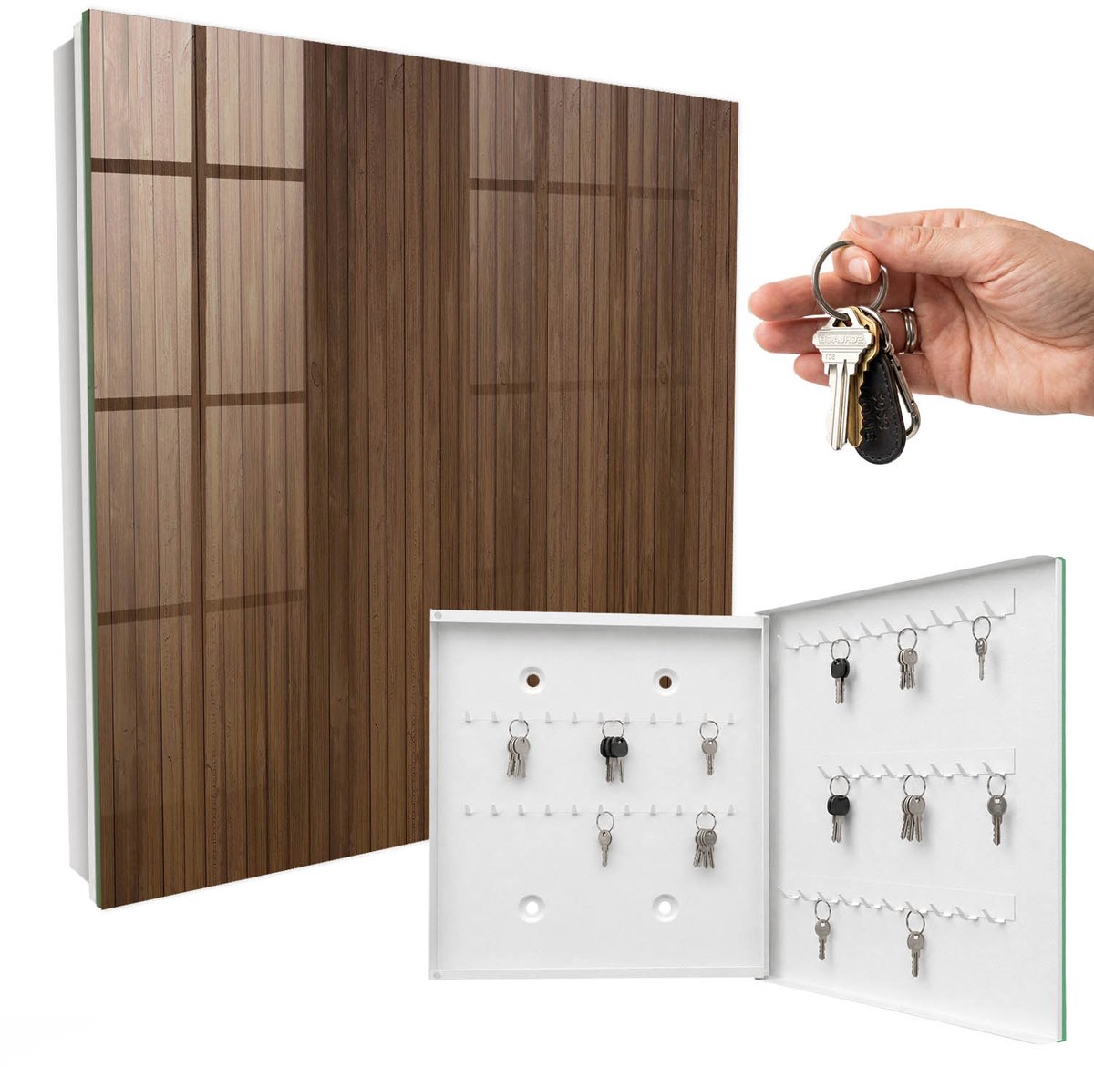 WallMuralia - Sleutelkast - 30x30x5 cm - met 50 haken - Houten Planken Sleutelkastje Muur - Bruin Sleutelbox - Rechtsopenend - Wit interieur