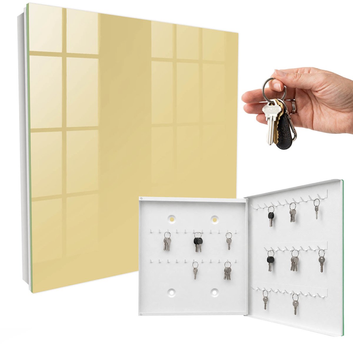 WallMuralia - Sleutelkast - 30x30x5 cm - met 50 haken - Beige-Geel Leuk Sleutelkastje - Beige Sleutelbox - Rechtsopenend - Wit interieur
