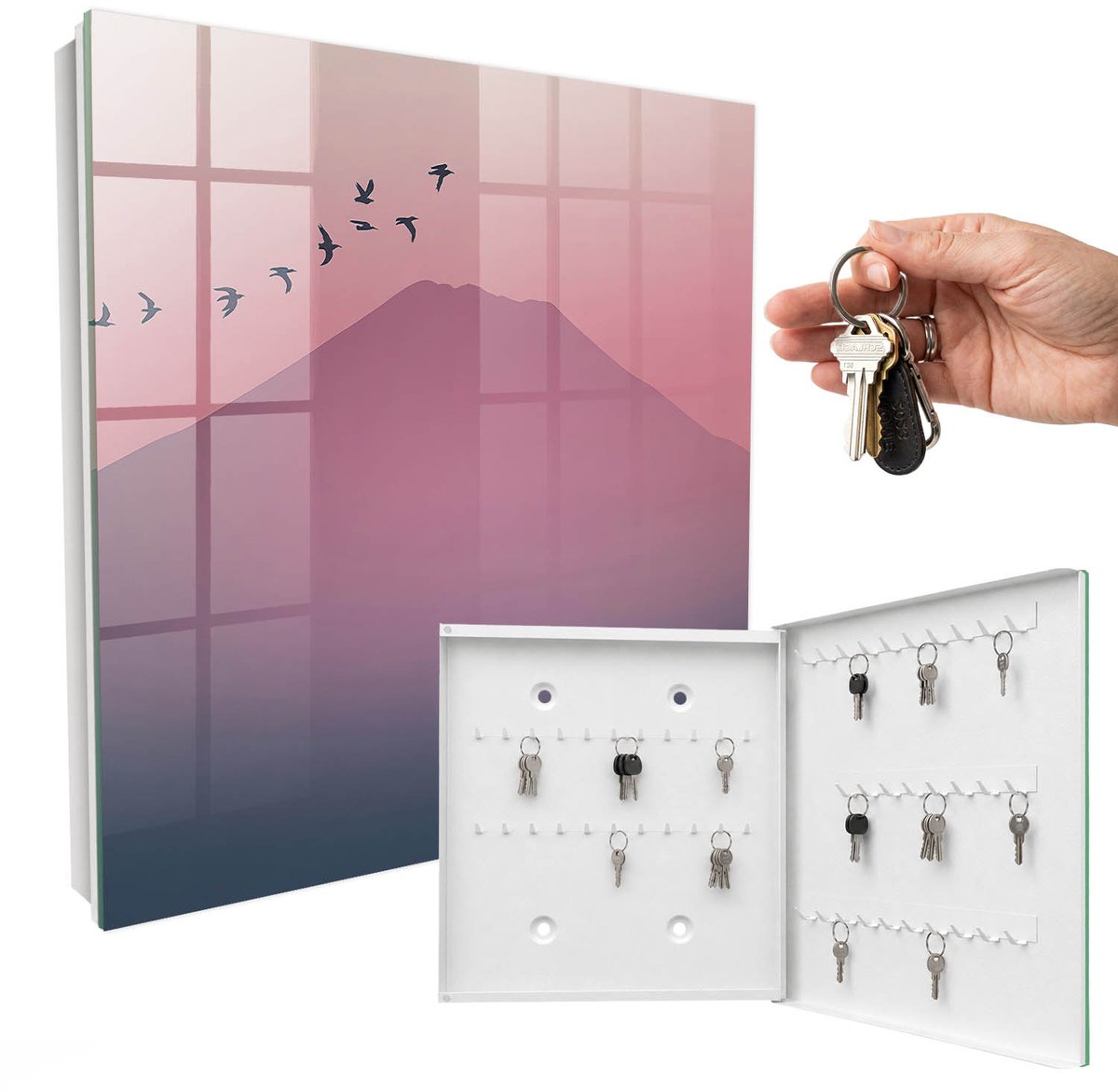 WallMuralia - Sleutelkast - 30x30x5 cm - met 50 haken - Vredige Natuur Sleutelkastje Voor Binnen - Roze Sleutelbox - Rechtsopenend - Wit interieur