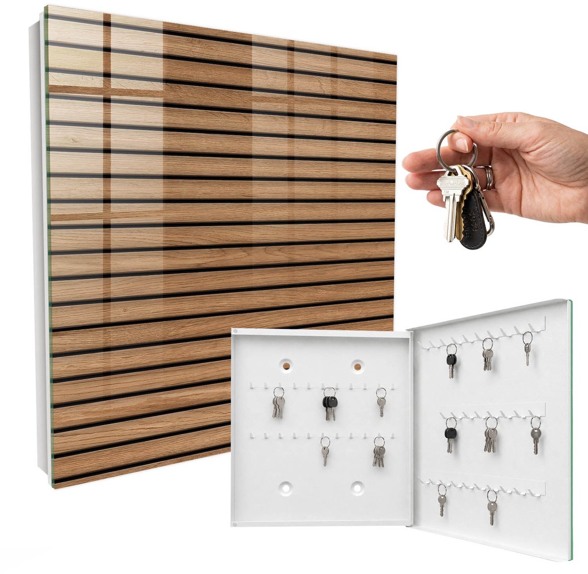 WallMuralia - Sleutelkast - 30x30x5 cm - met 50 haken - Houten Panelen Sleutelkastje Modern - Bruin Sleutelbox - Rechtsopenend - Wit interieur