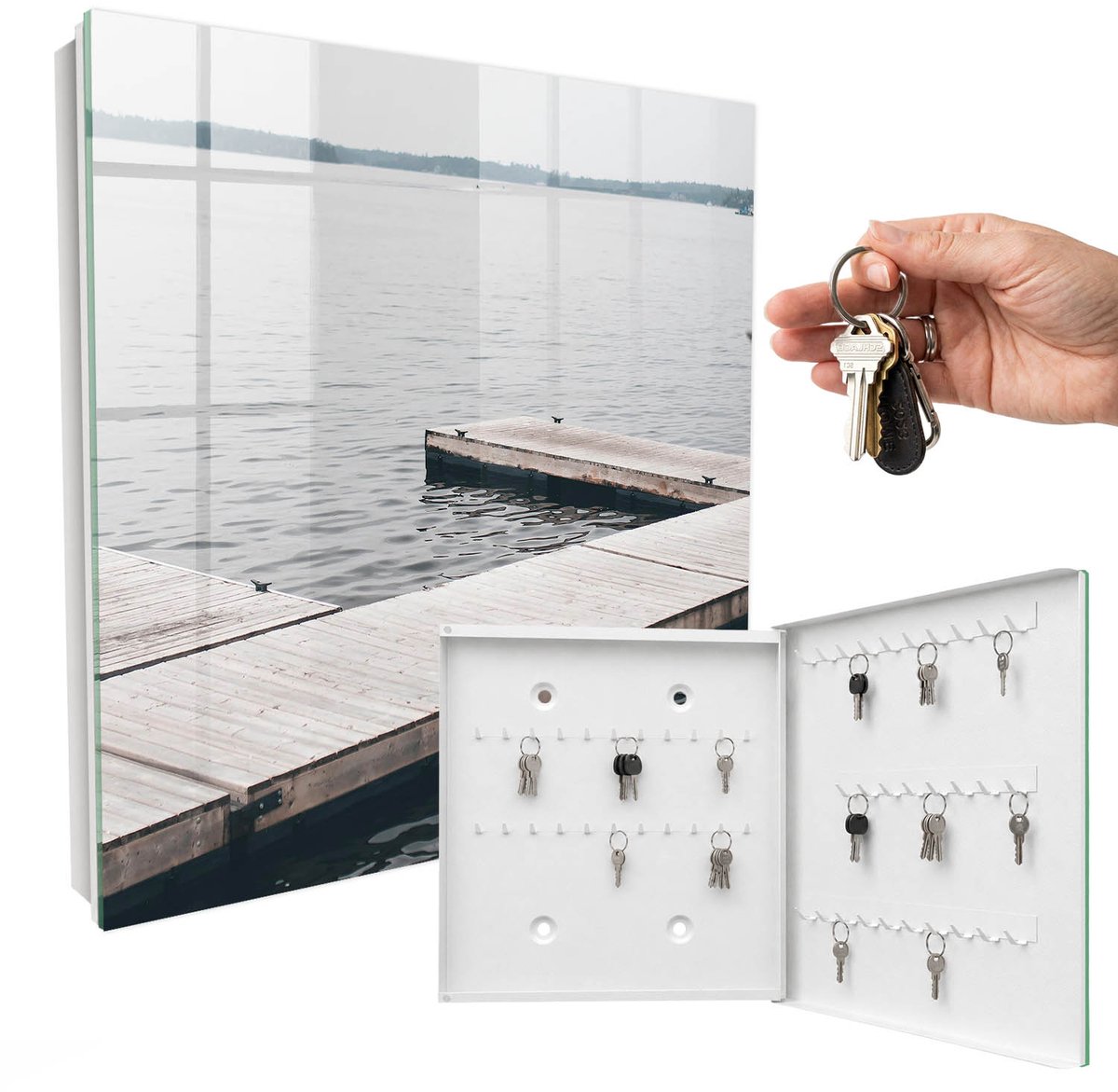 WallMuralia - Sleutelkast - 30x30x5 cm - met 50 haken - Houten Steiger Sleutelkastje Modern - Grijs Sleutelbox - Rechtsopenend - Wit interieur