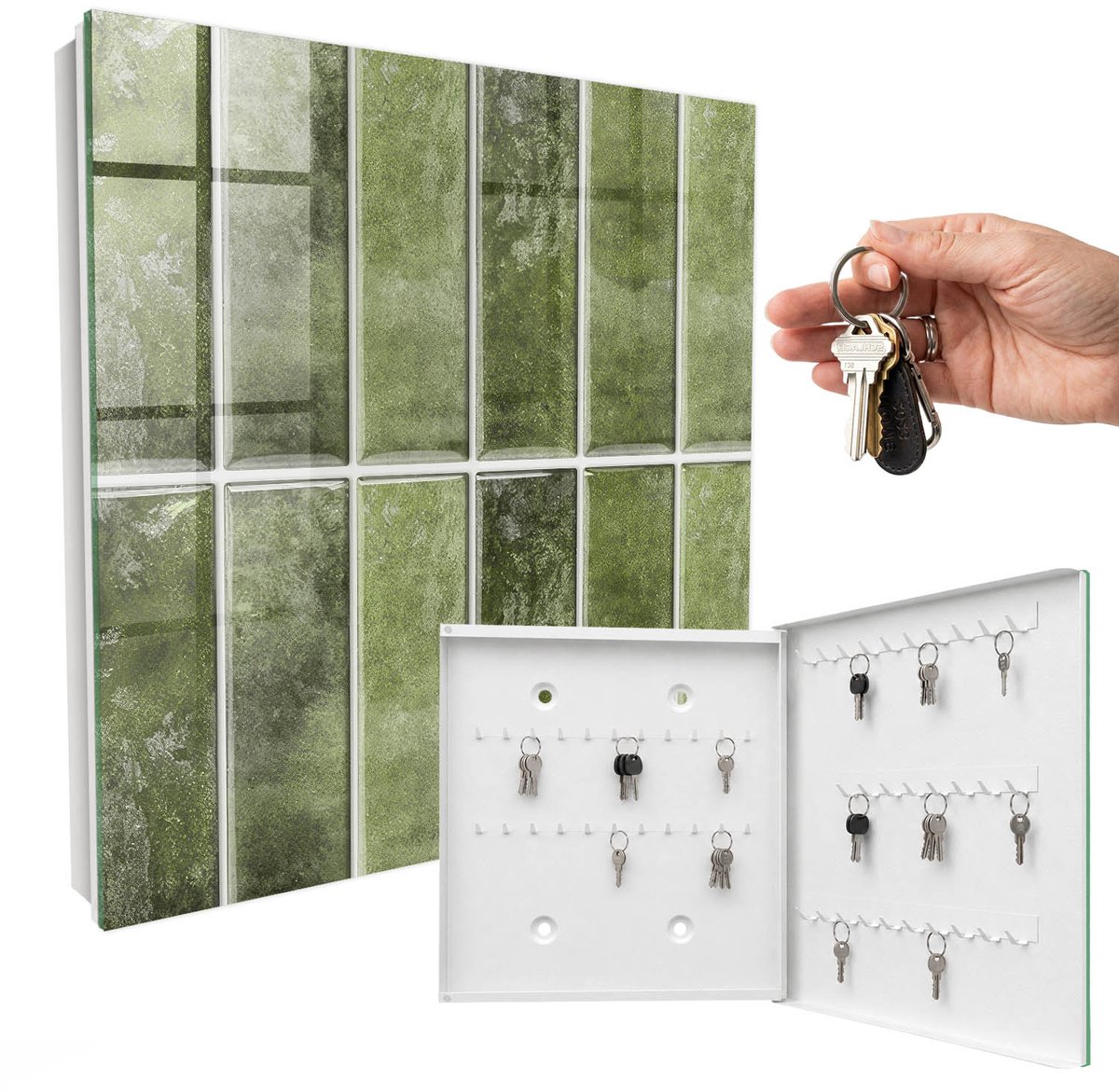 WallMuralia - Sleutelkast - 30x30x5 cm - met 50 haken - Groene Tegels Sleutelkastje Modern - Groente Sleutelbox - Rechtsopenend - Wit interieur