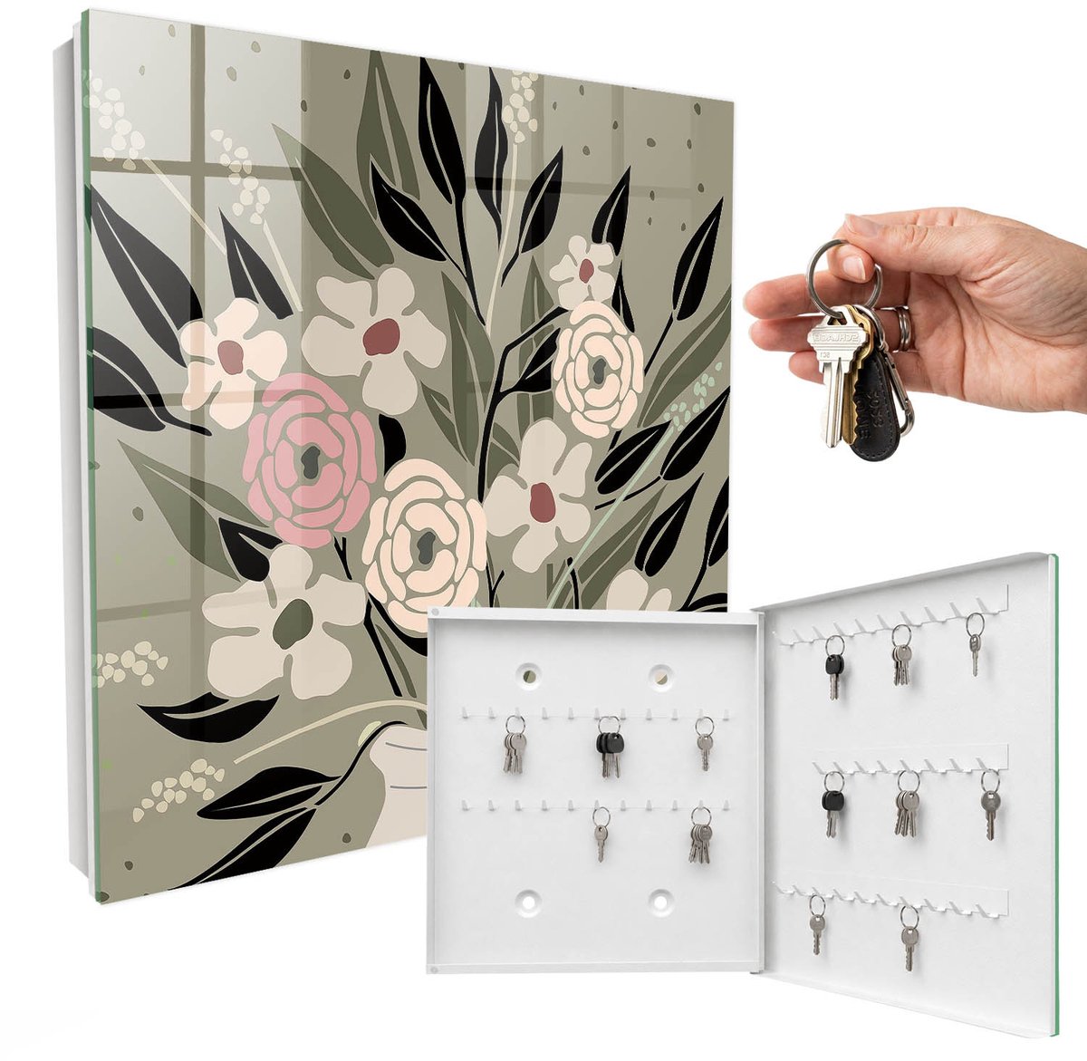 WallMuralia - Sleutelkast - 30x30x5 cm - met 50 haken - Bloemarrangement Sleutelkastje Design - Beige Sleutelbox - Rechtsopenend - Wit interieur