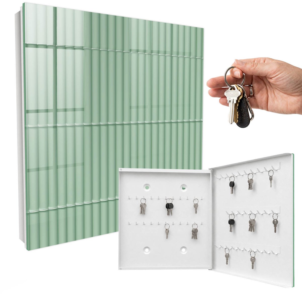 WallMuralia - Sleutelkast - 30x30x5 cm - met 50 haken - Groene Strepen Sleutelkastje Klein - Groente Sleutelbox - Rechtsopenend - Wit interieur
