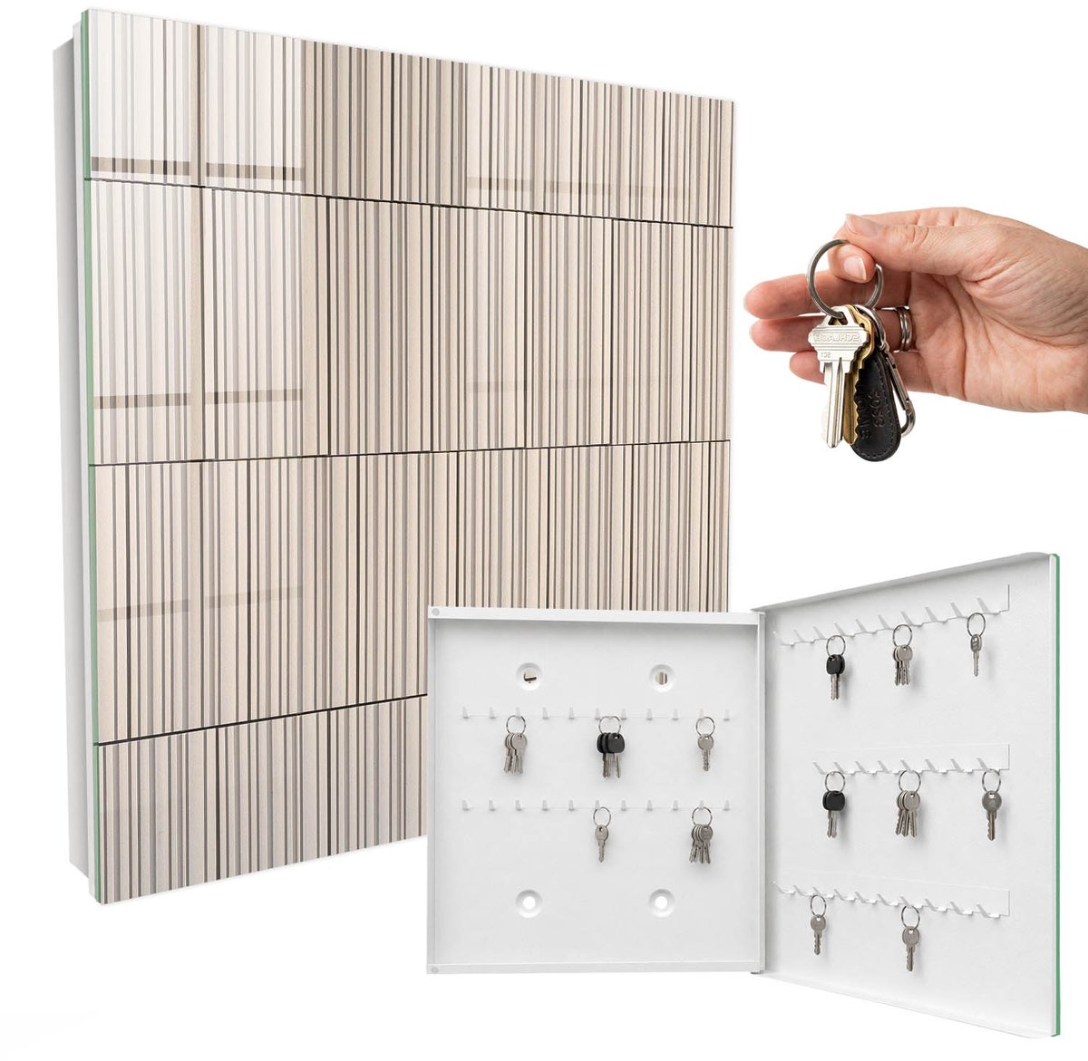 WallMuralia - Sleutelkast - 30x30x5 cm - met 50 haken - Minimalisme Van Lijnen Leuk Sleutelkastje - Beige Sleutelbox - Rechtsopenend - Wit interieur