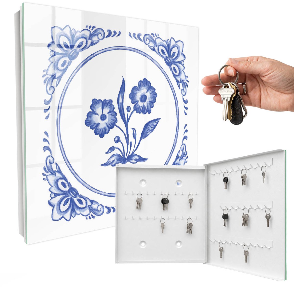 WallMuralia - Sleutelkast - 30x30x5 cm - met 50 haken - Blauwe Bloemen Groot Sleutelkastje - Blauw Sleutelbox - Rechtsopenend - Wit interieur