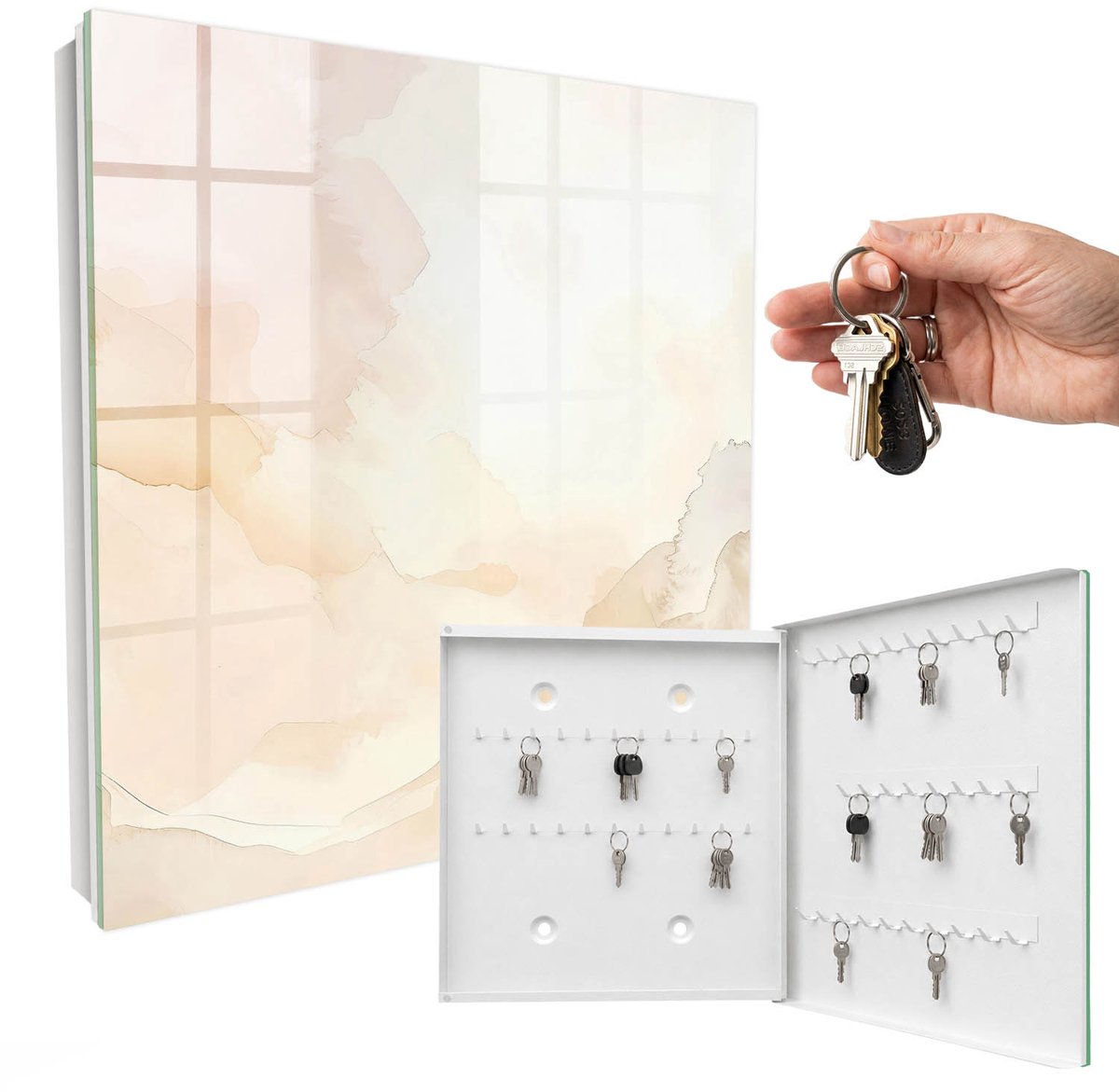 WallMuralia - Sleutelkast - 30x30x5 cm - met 50 haken - Lichtlandschap Sleutelkastje Binnen - Romig Sleutelbox - Rechtsopenend - Wit interieur