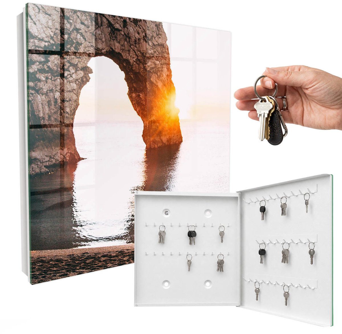WallMuralia - Sleutelkast - 30x30x5 cm - met 50 haken - Rotsboog Groot Sleutelkastje - Oranje Sleutelbox - Rechtsopenend - Wit interieur