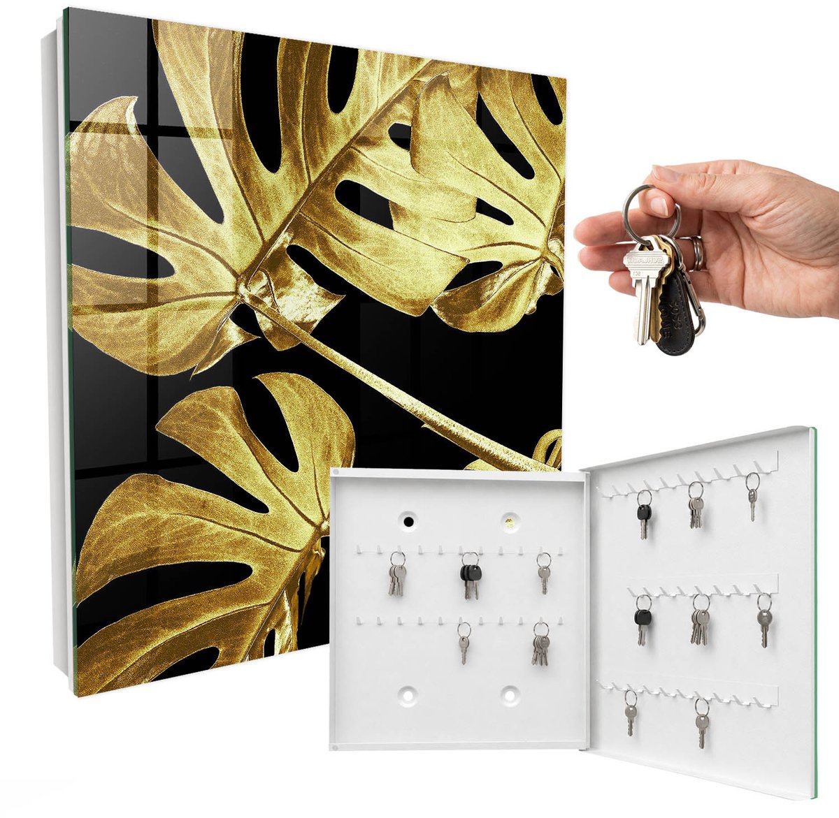 WallMuralia - Sleutelkast - 30x30x5 cm - met 50 haken - Monstera-Bladeren Sleutelkastje Landelijk - Geel Sleutelbox - Rechtsopenend - Wit interieur