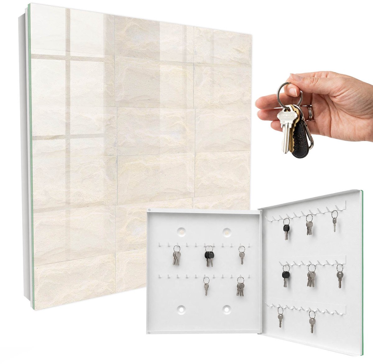 WallMuralia - Sleutelkast - 30x30x5 cm - met 50 haken - Crème Steen Sleutelkastje Klein - Romig Sleutelbox - Rechtsopenend - Wit interieur