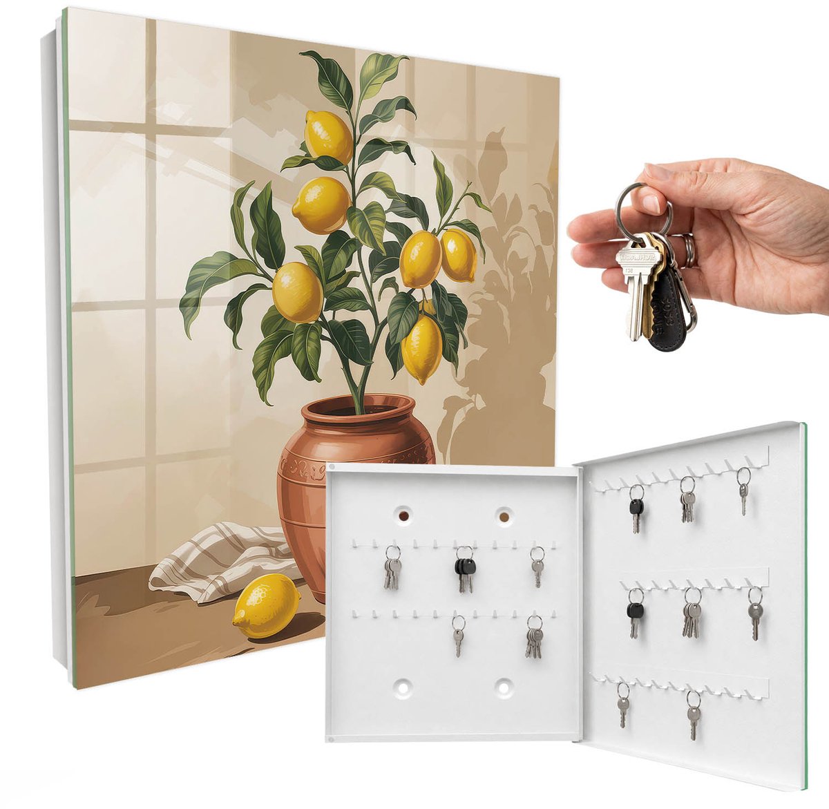 WallMuralia - Sleutelkast - 30x30x5 cm - met 50 haken - Citroenboom Sleutelkastje Gang - Geel Sleutelbox - Rechtsopenend - Wit interieur