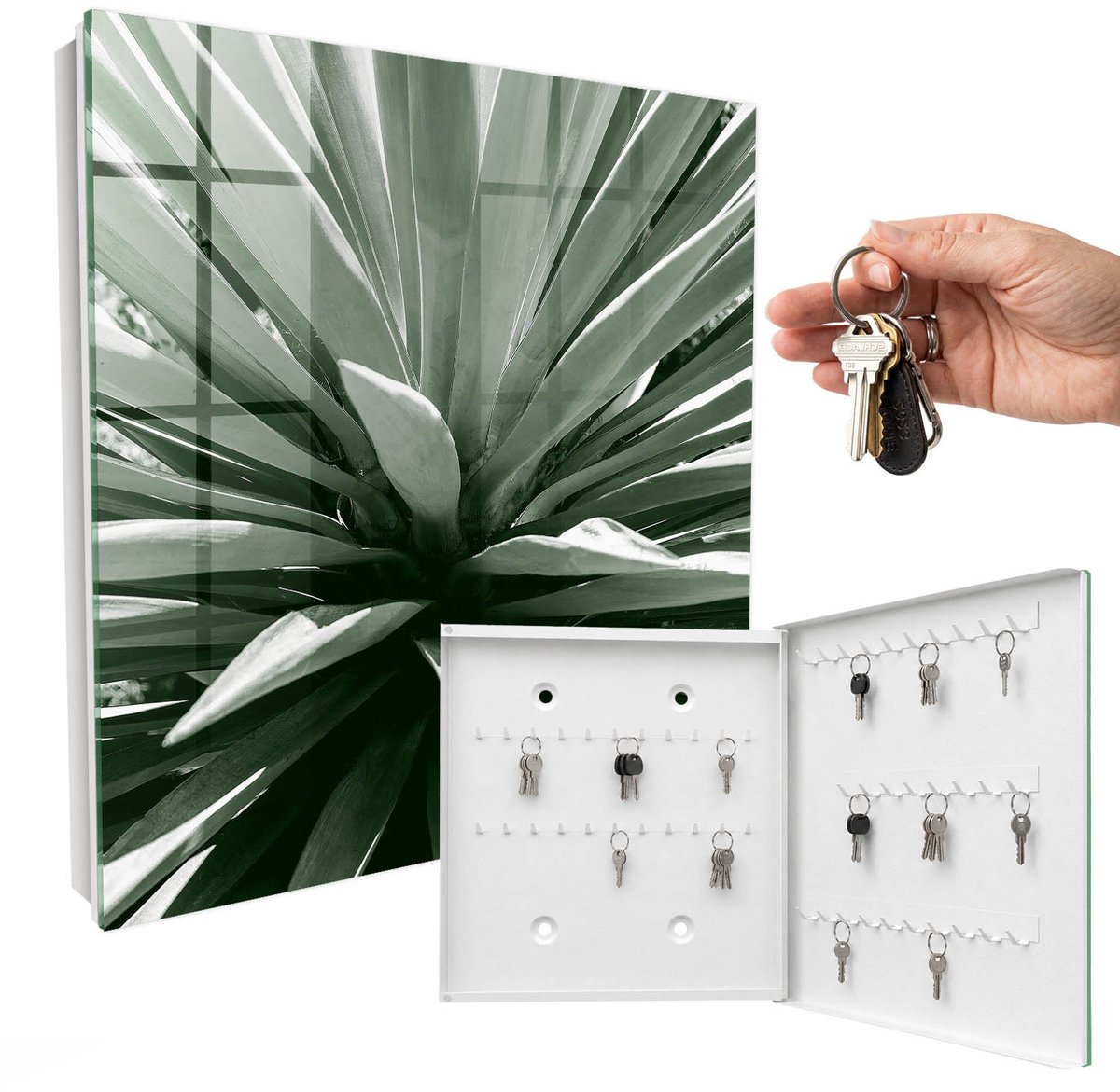 WallMuralia - Sleutelkast - 30x30x5 cm - met 50 haken - Agave Sleutelkastje - Zwart-Wit Sleutelbox - Rechtsopenend - Wit interieur