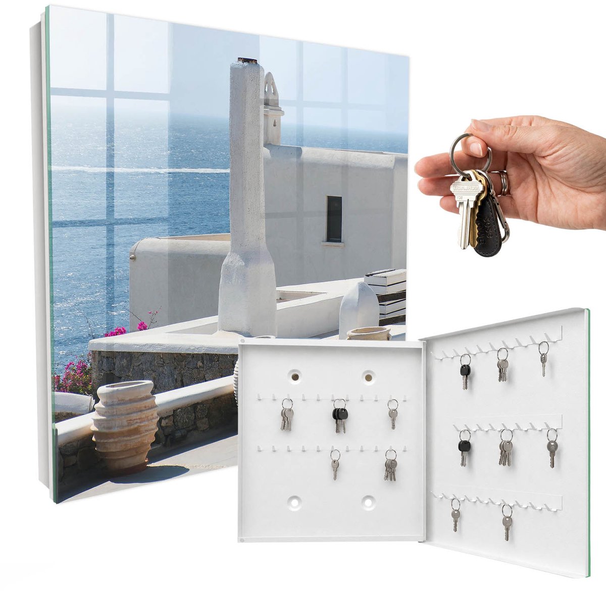 WallMuralia - Sleutelkast - 30x30x5 cm - met 50 haken - Griekse Witte Huizen Aan Zee Groot Sleutelkastje - Wit Sleutelbox - Rechtsopenend - Wit interieur
