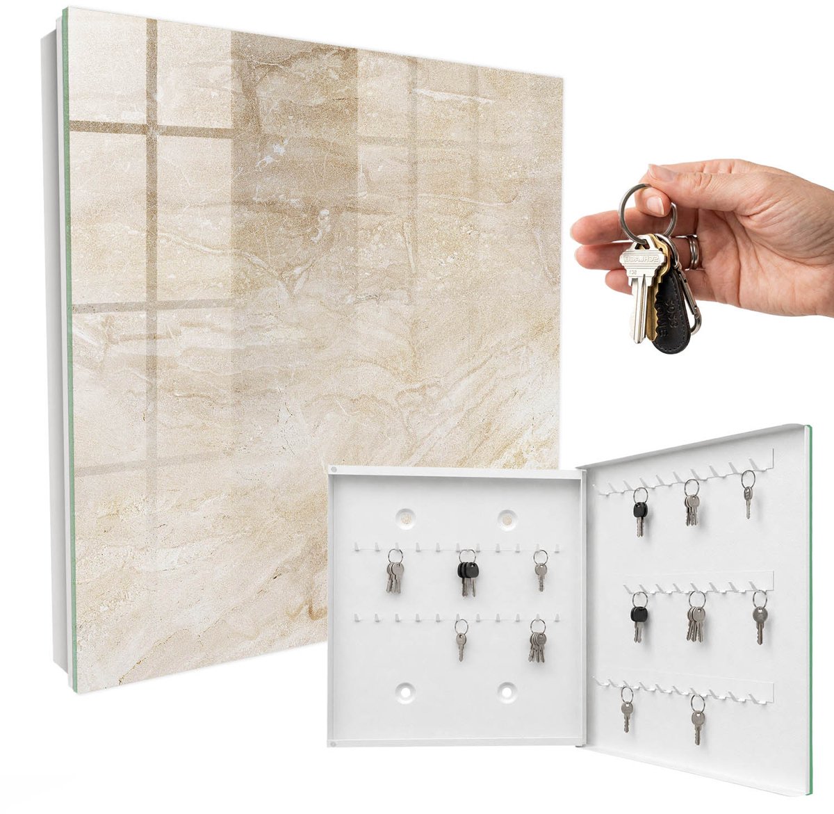 WallMuralia - Sleutelkast - 30x30x5 cm - met 50 haken - Beige Marmer Sleutelkastje - Beige Sleutelbox - Rechtsopenend - Wit interieur
