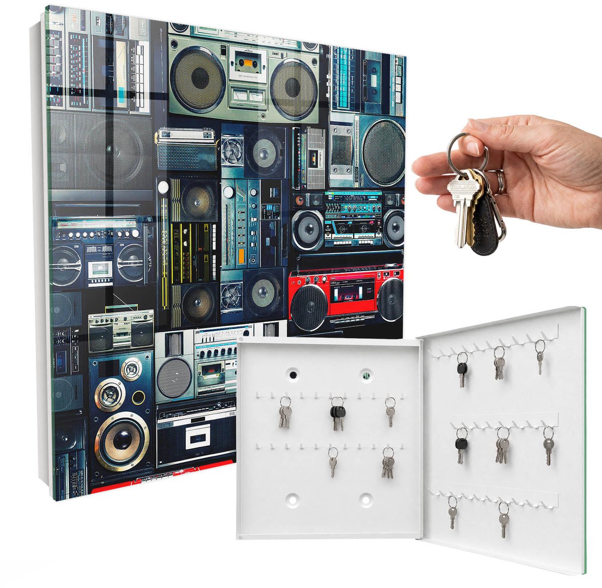 WallMuralia - Sleutelkast - 30x30x5 cm - met 50 haken - Muzikale Passie Sleutelkastje Modern - Blauw Sleutelbox - Rechtsopenend - Wit interieur