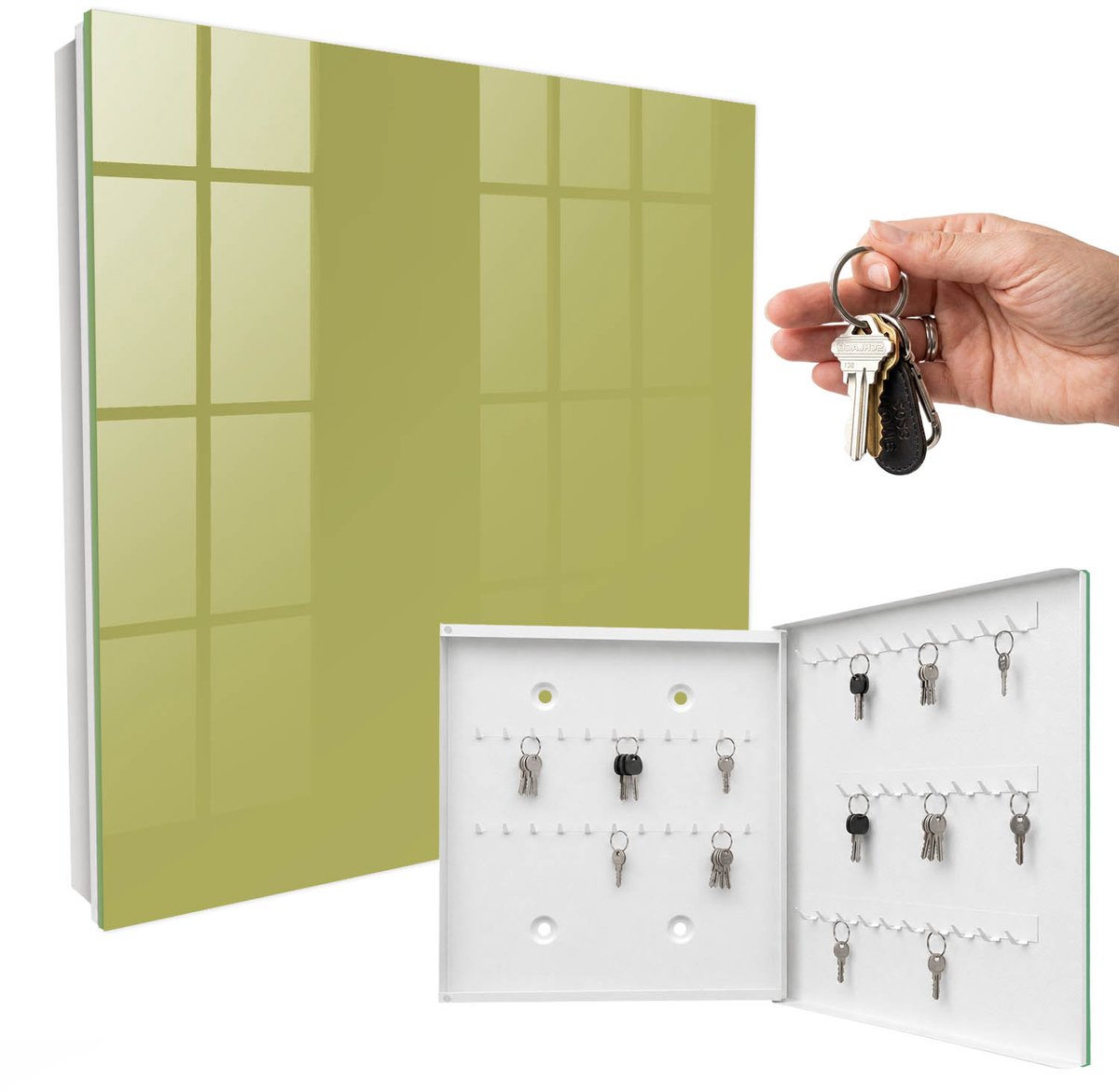 WallMuralia - Sleutelkast - 30x30x5 cm - met 50 haken - Groene Vintage Sleutelkastje Design - Groente Sleutelbox - Rechtsopenend - Wit interieur