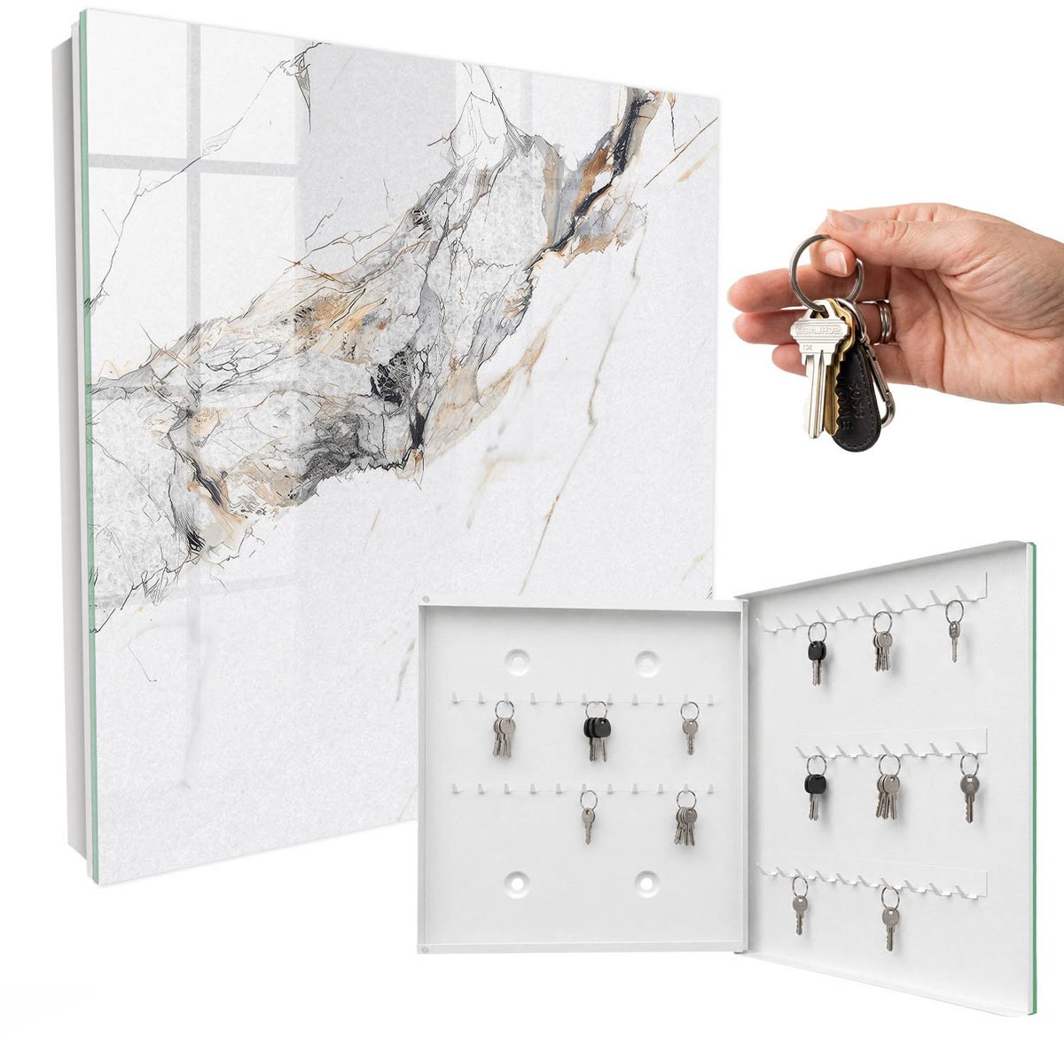 WallMuralia - Sleutelkast - 30x30x5 cm - met 50 haken - Marmeren Elegantie Sleutelkastje Voor Binnen - Wit Sleutelbox - Rechtsopenend - Wit interieur