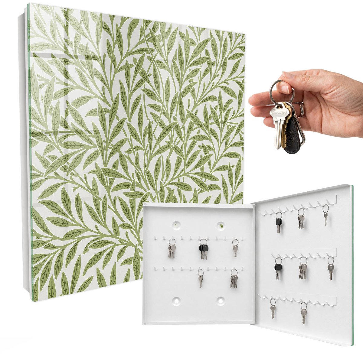 WallMuralia - Sleutelkast - 30x30x5 cm - met 50 haken - Groene Natuur Sleutelkastje Voor Binnen - Groente Sleutelbox - Rechtsopenend - Wit interieur