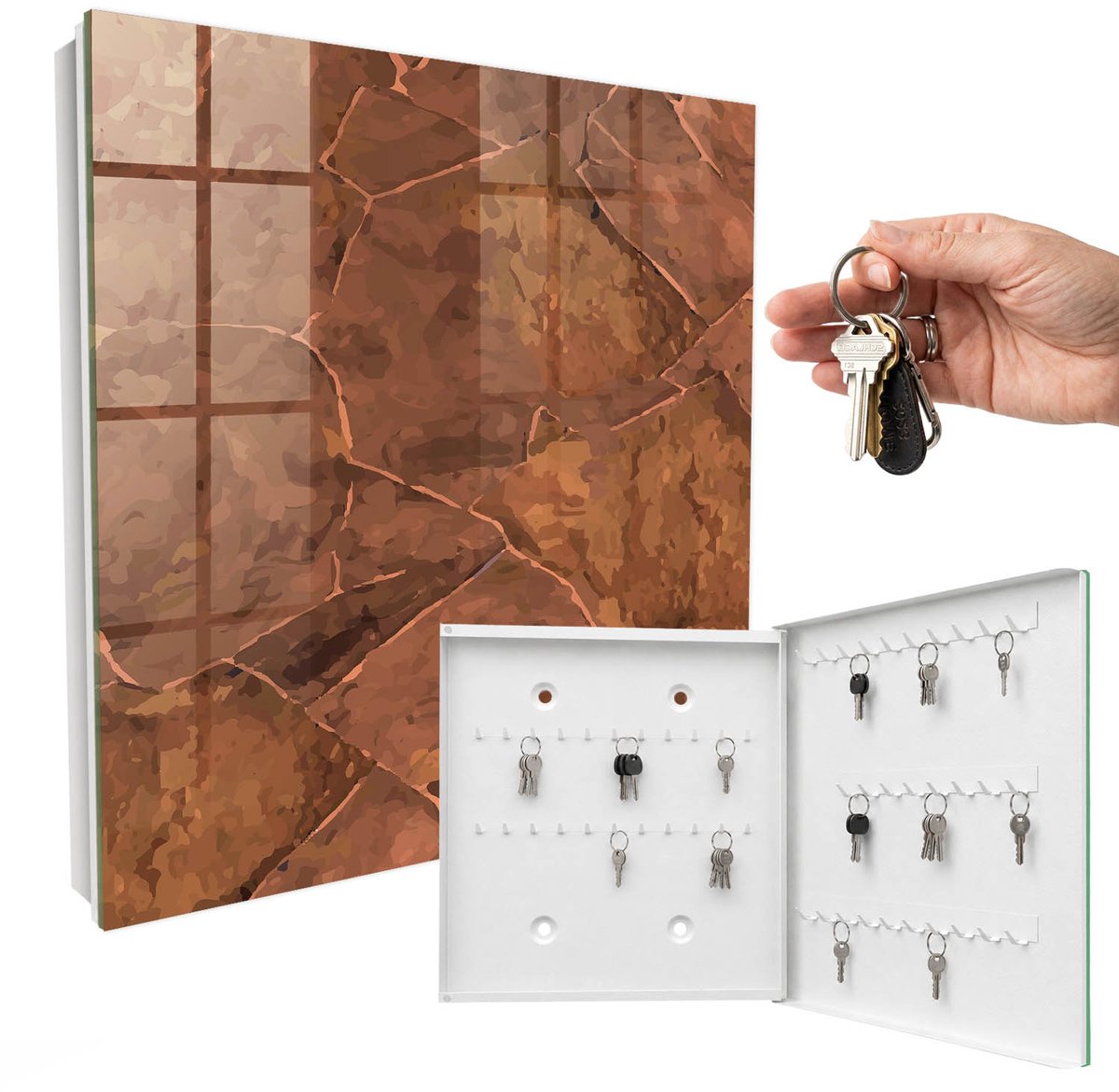 WallMuralia - Sleutelkast - 30x30x5 cm - met 50 haken - Steenstructuur Groot Sleutelkastje - Bruin Sleutelbox - Rechtsopenend - Wit interieur
