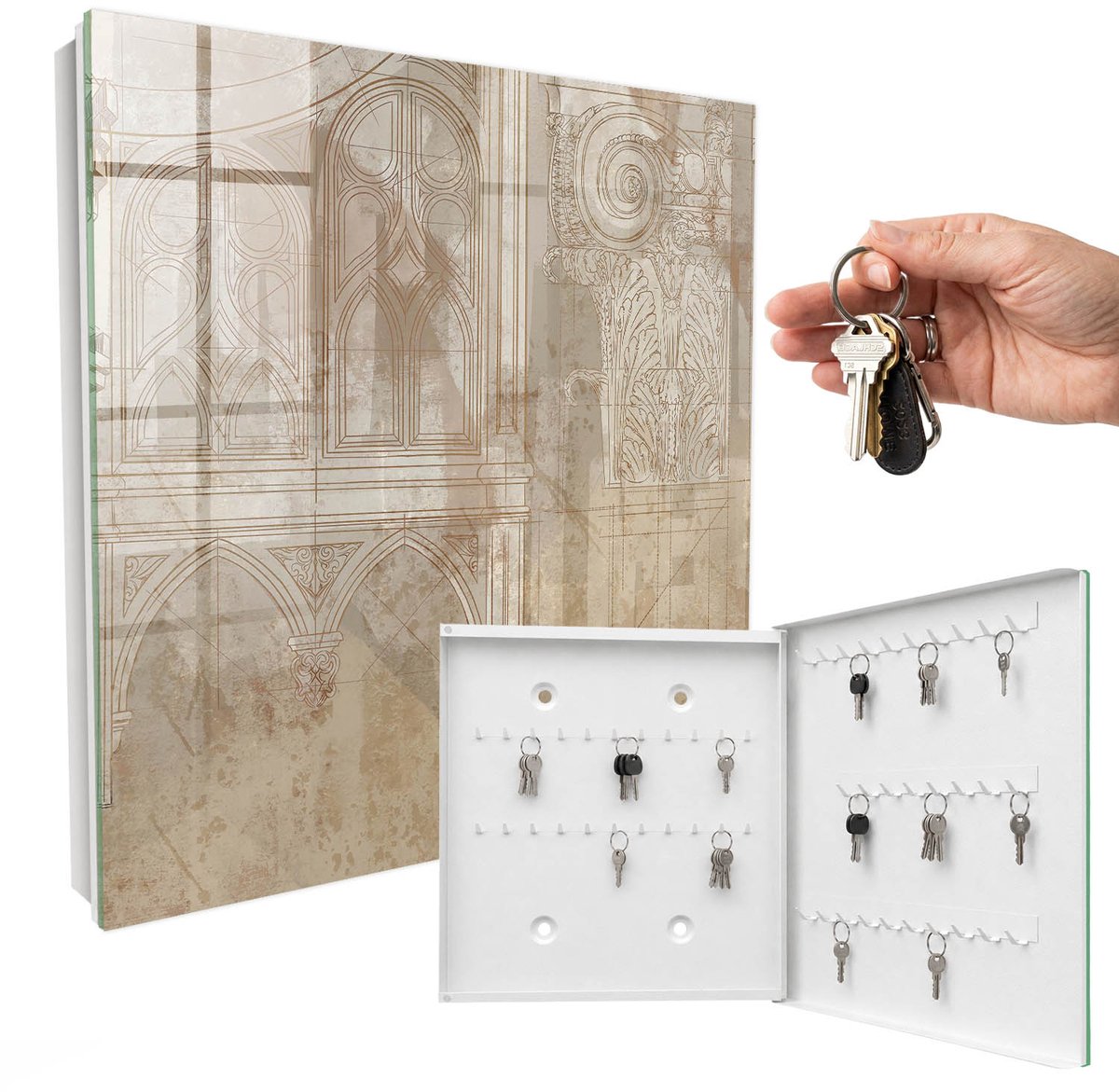 WallMuralia - Sleutelkast - 30x30x5 cm - met 50 haken - Oude Architectuur Leuk Sleutelkastje - Beige Sleutelbox - Rechtsopenend - Wit interieur