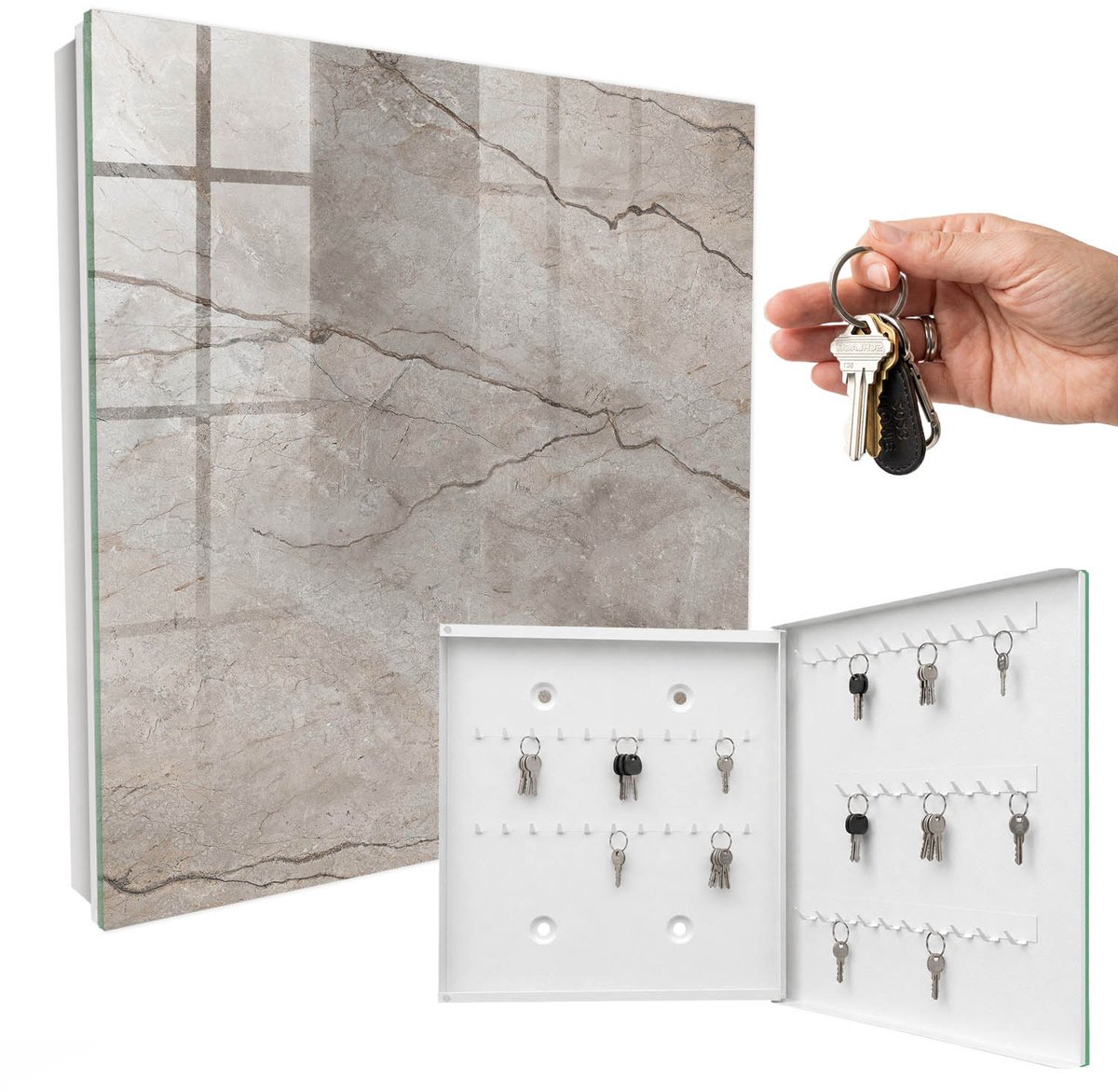 WallMuralia - Sleutelkast - 30x30x5 cm - met 50 haken - Stijlvolle Steen Sleutelkastje Binnen - Grijs Sleutelbox - Rechtsopenend - Wit interieur