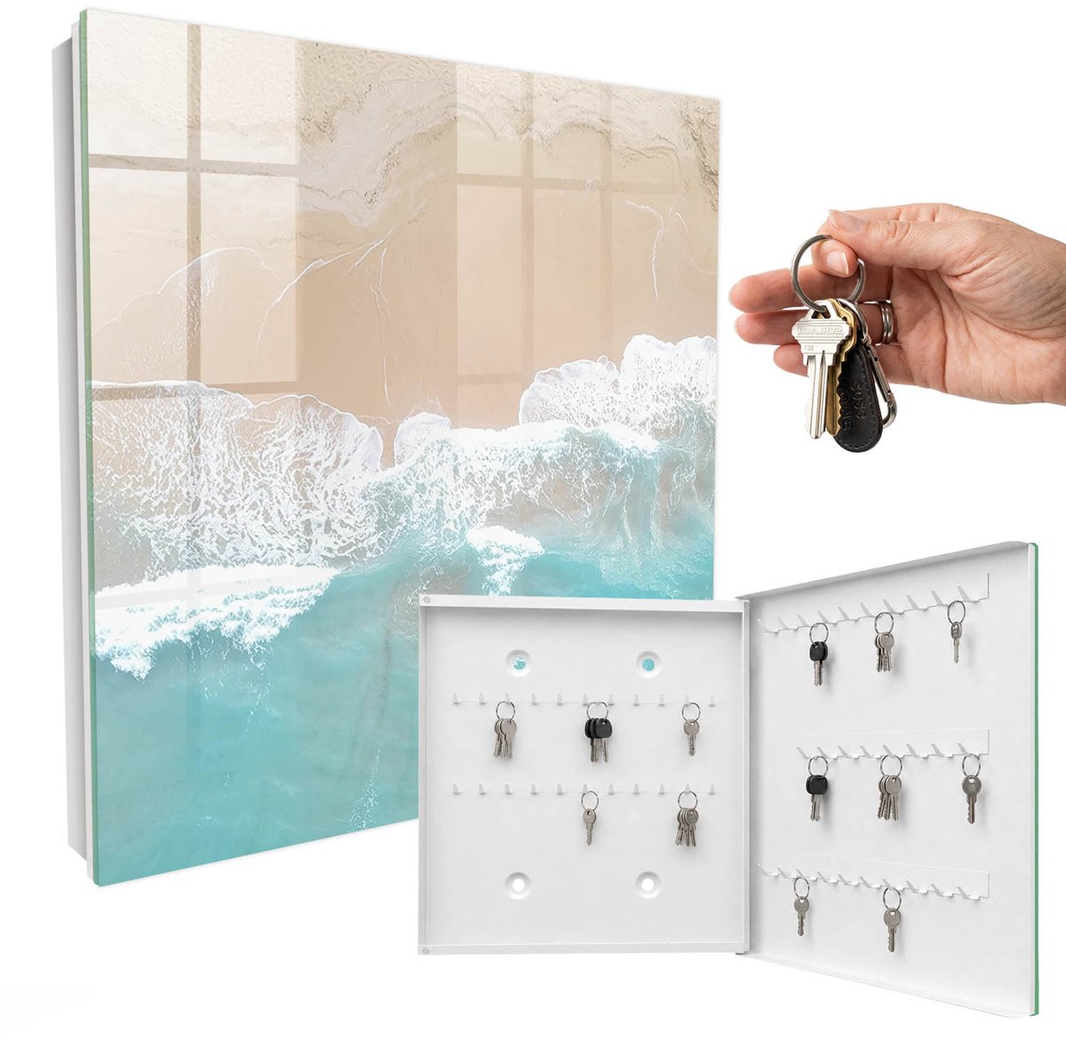 WallMuralia - Sleutelkast - 30x30x5 cm - met 50 haken - Ontspanning Aan Het Strand Design Sleutelkastje - Turkoois Sleutelbox - Rechtsopenend - Wit interieur