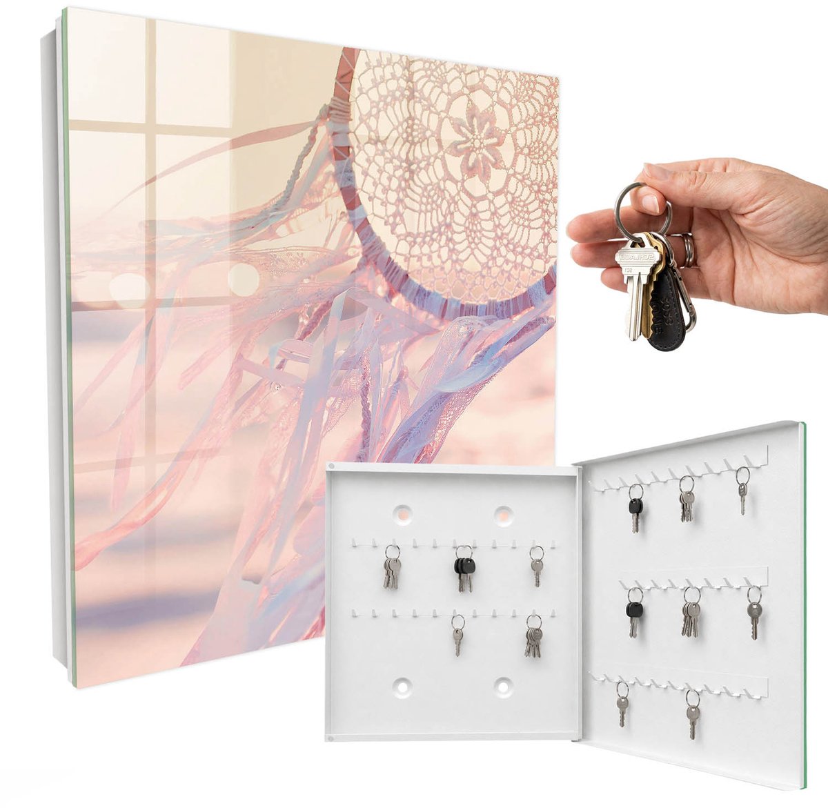WallMuralia - Sleutelkast - 30x30x5 cm - met 50 haken - Kanten Versiering Sleutelkastje Hal - Roze Sleutelbox - Rechtsopenend - Wit interieur