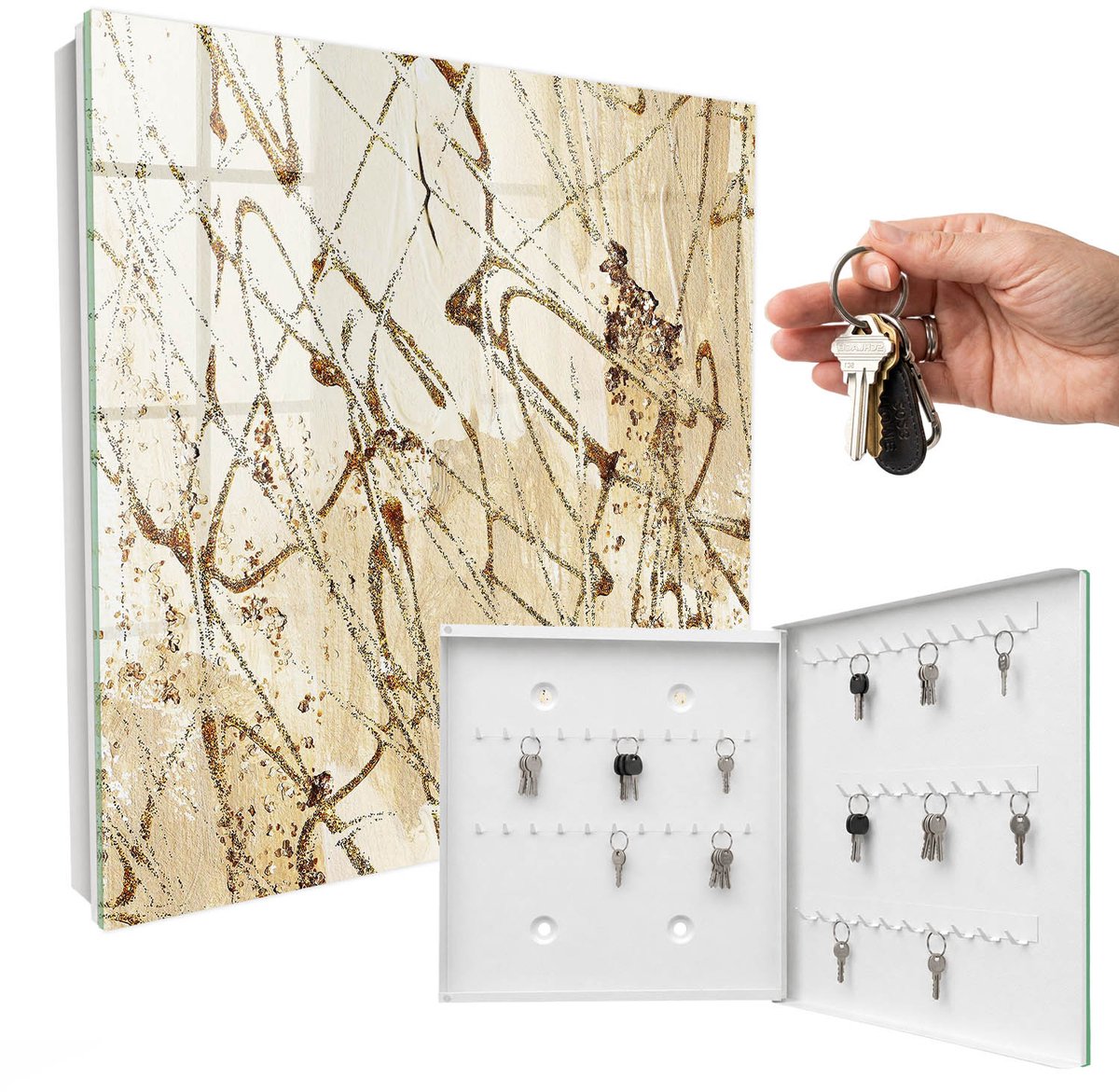 WallMuralia - Sleutelkast - 30x30x5 cm - met 50 haken - Abstracte Compositie Sleutelkastje Design - Beige Sleutelbox - Rechtsopenend - Wit interieur