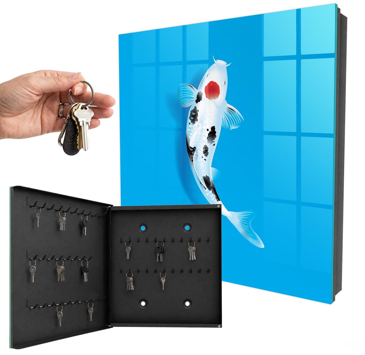 WallMuralia - Sleutelkast - 30x30x5 cm - met 50 haken - Koi-Vis Sleutelkastje Landelijk - Blauw Sleutelbox - Linksopenend - Zwart interieur