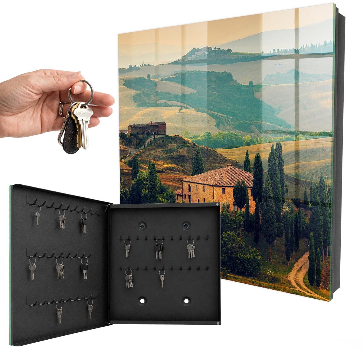 WallMuralia - Sleutelkast - 30x30x5 cm - met 50 haken - Toscaans Landschap Sleutelkastje Design - Groente Sleutelbox - Linksopenend - Zwart interieur