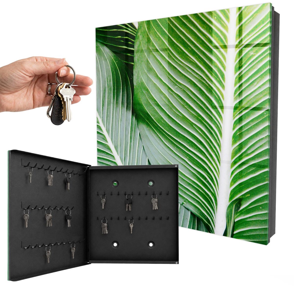 WallMuralia - Sleutelkast - 30x30x5 cm - met 50 haken - Het Groen Van De Natuur Sleutelkastje Landelijk - Groente Sleutelbox - Linksopenend - Zwart interieur