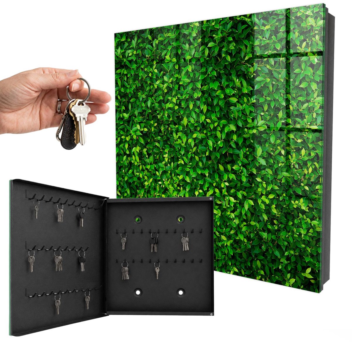 WallMuralia - Sleutelkast - 30x30x5 cm - met 50 haken - Groene Tuin Sleutelkastje Gang - Groente Sleutelbox - Linksopenend - Zwart interieur
