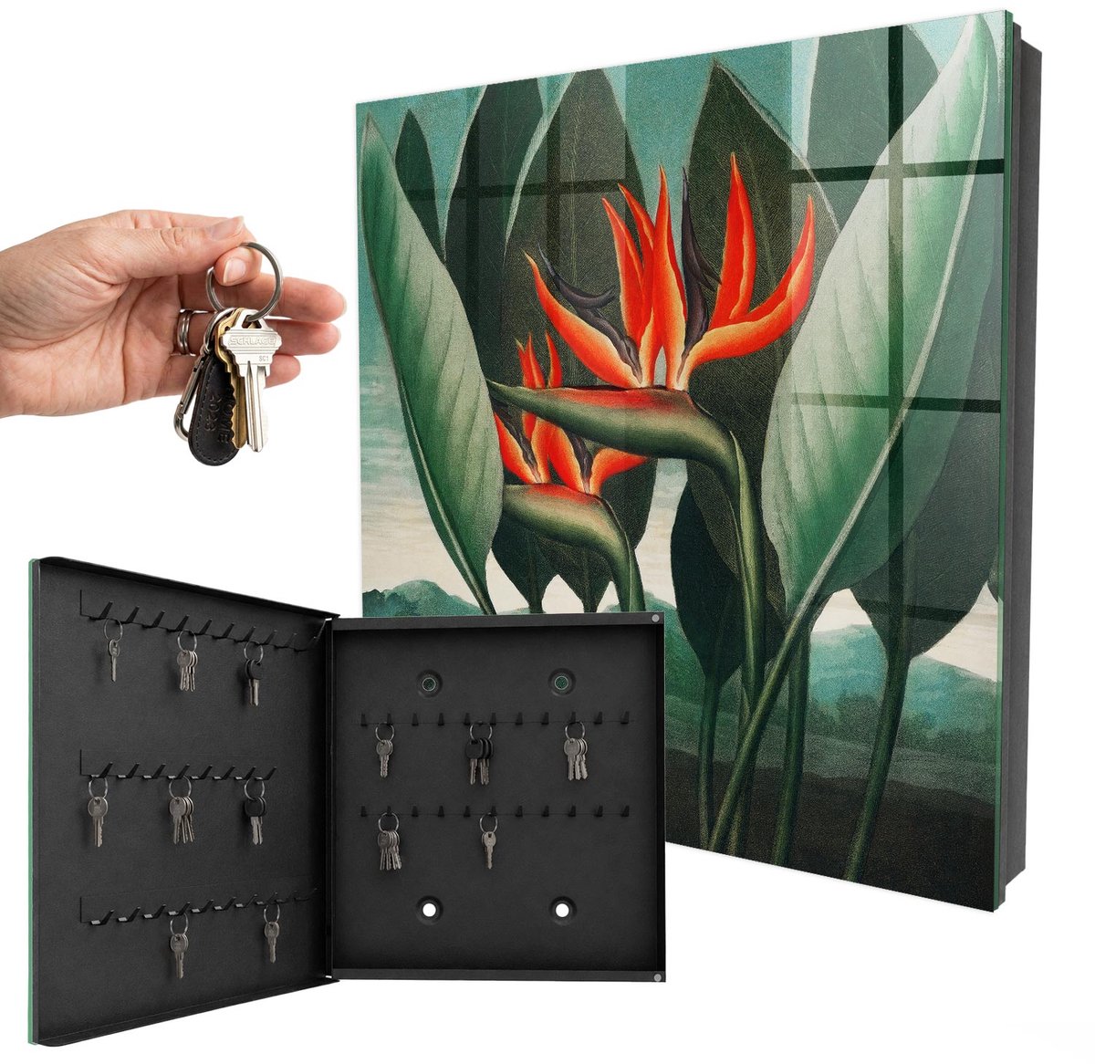 WallMuralia - Sleutelkast - 30x30x5 cm - met 50 haken - Het Exotische Van De Natuur Sleutelkastje Industrieel - Groente Sleutelbox - Linksopenend - Zwart interieur
