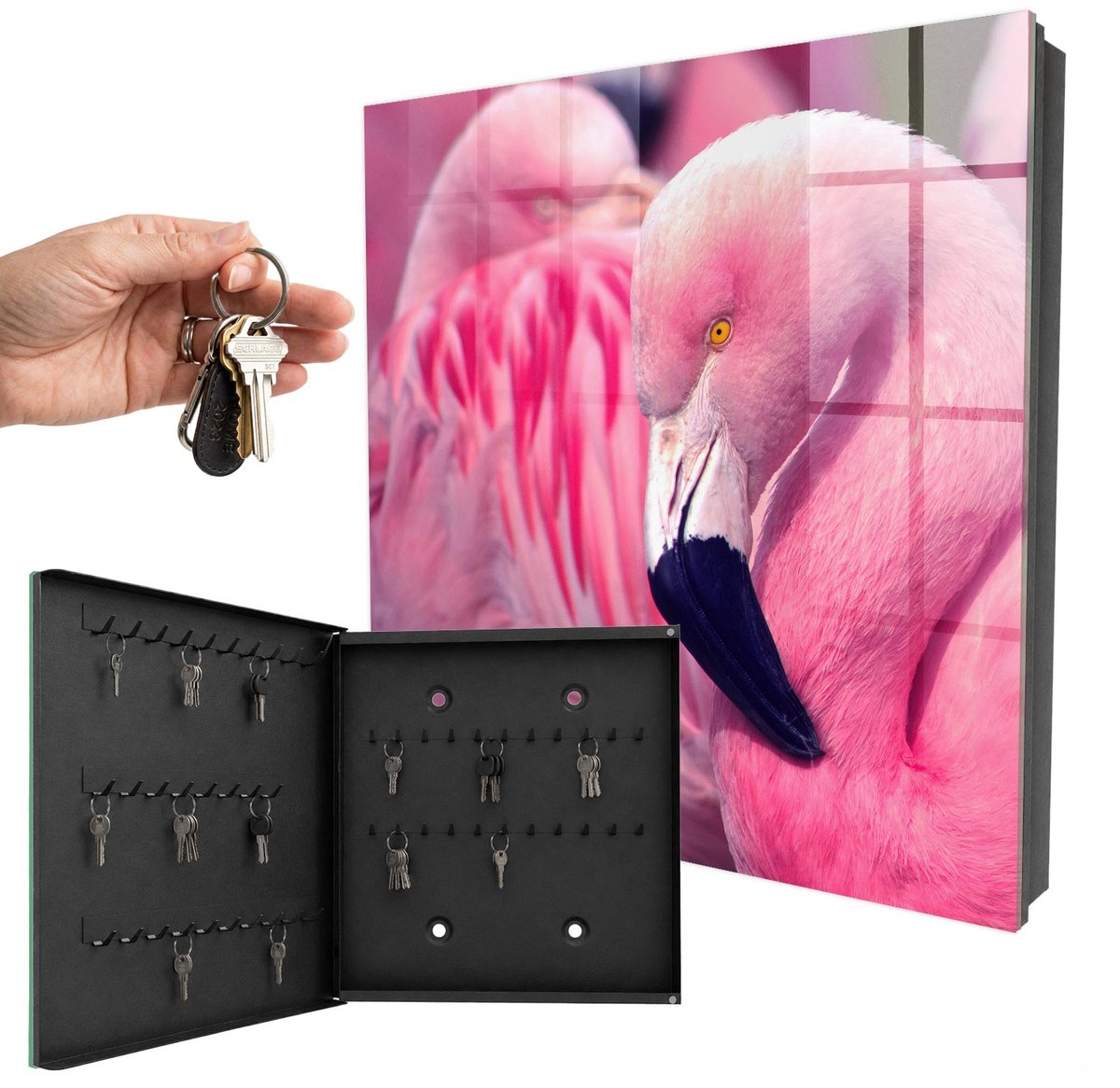 WallMuralia - Sleutelkast - 30x30x5 cm - met 50 haken - Roze Schoonheid Sleutelkastje Hal - Roze Sleutelbox - Linksopenend - Zwart interieur